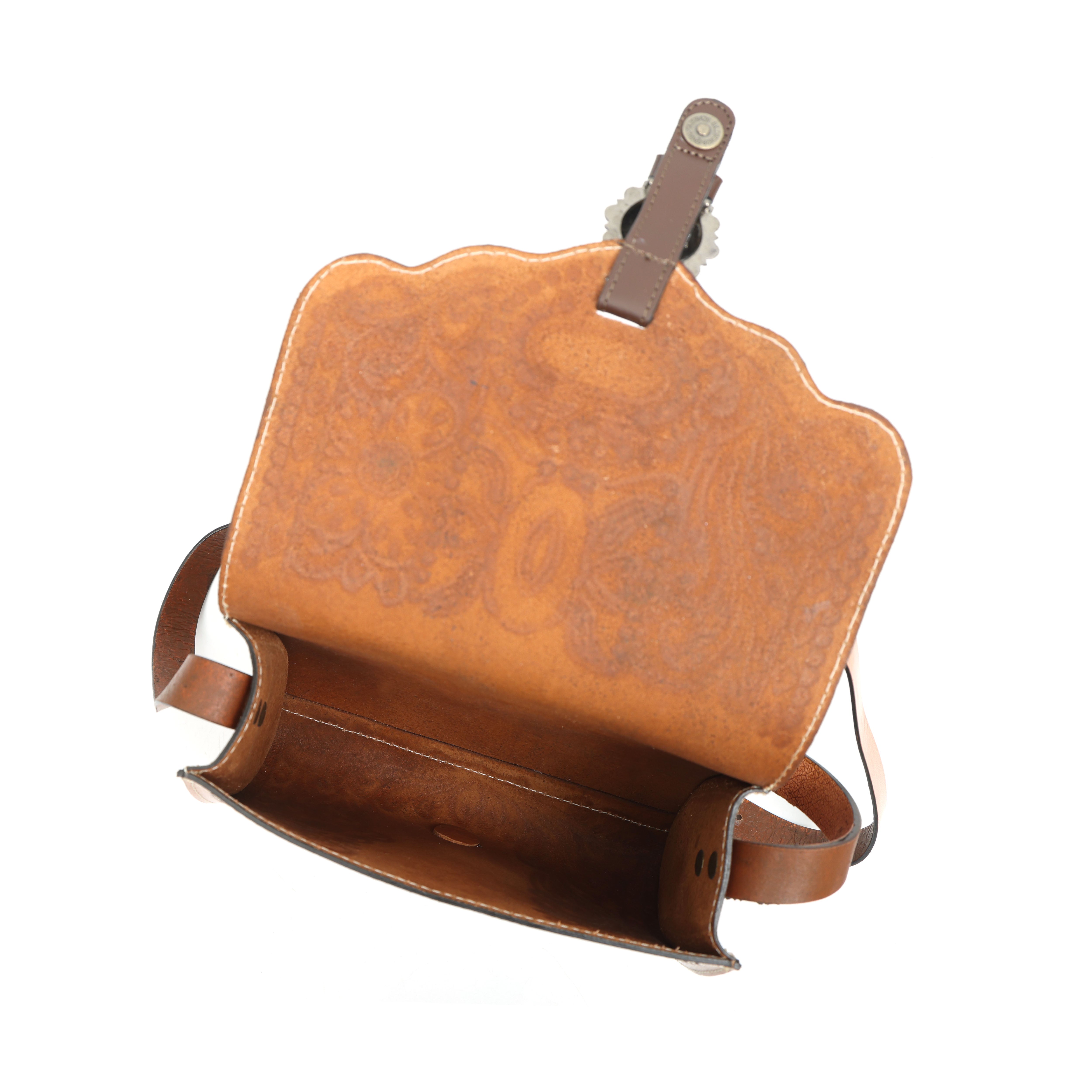 Hand-Tooled Leather Crossbody Bag with Turquoise Buckle(EL-ON-28)