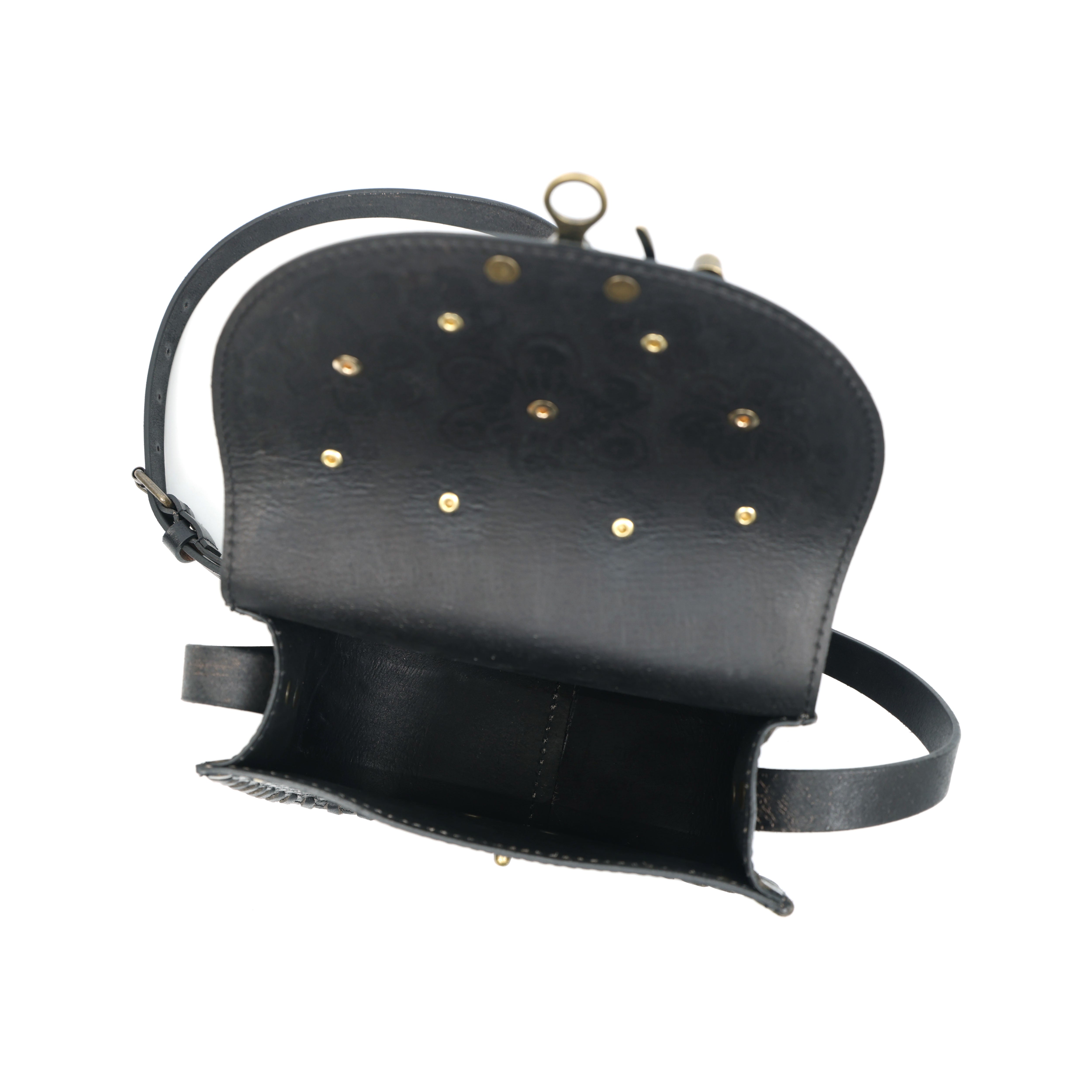 Handcrafted Black Leather Saddle Sling Bag – Floral Embossed Crossbody(EL-GM-42-ON)