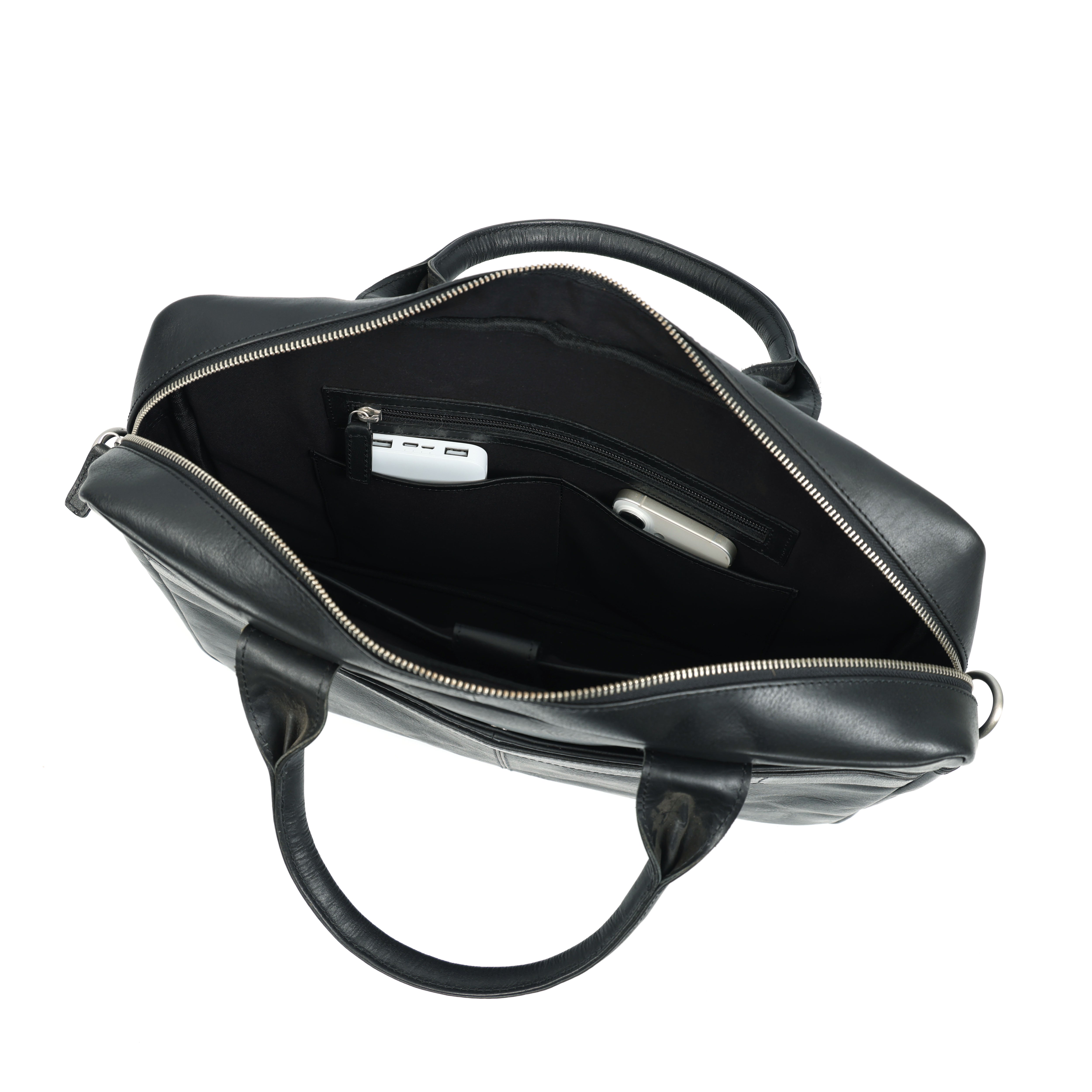 Black leather briefcase with interior details on a white background