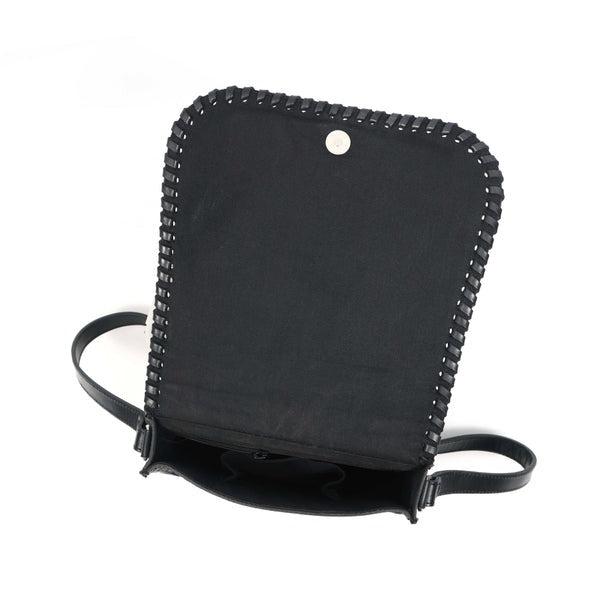 Black backpack with beaded detailing on a white background