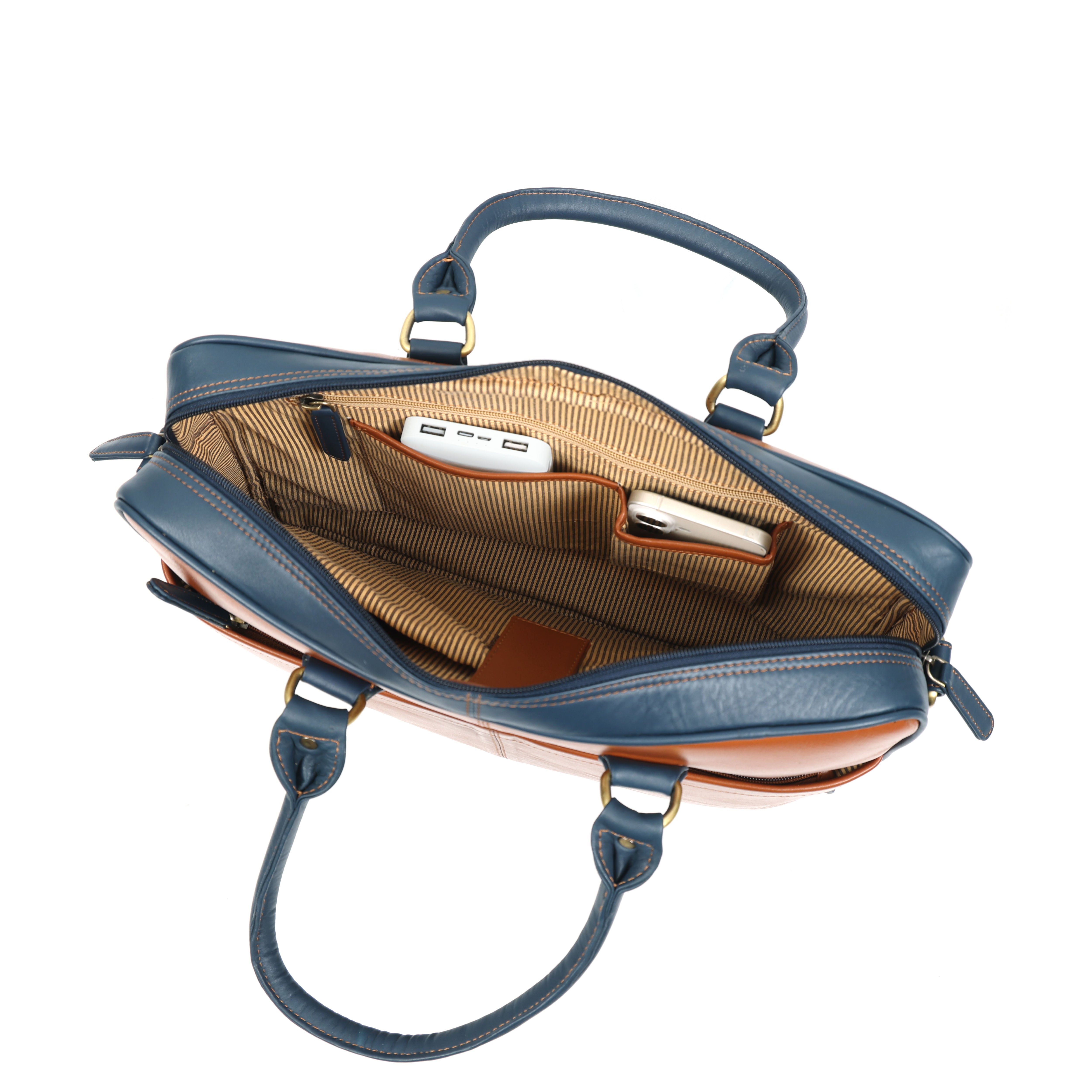 Wellington Elite 15” Leather Laptop Briefcase – Tan & Navy(EL-GM-O5-SK)