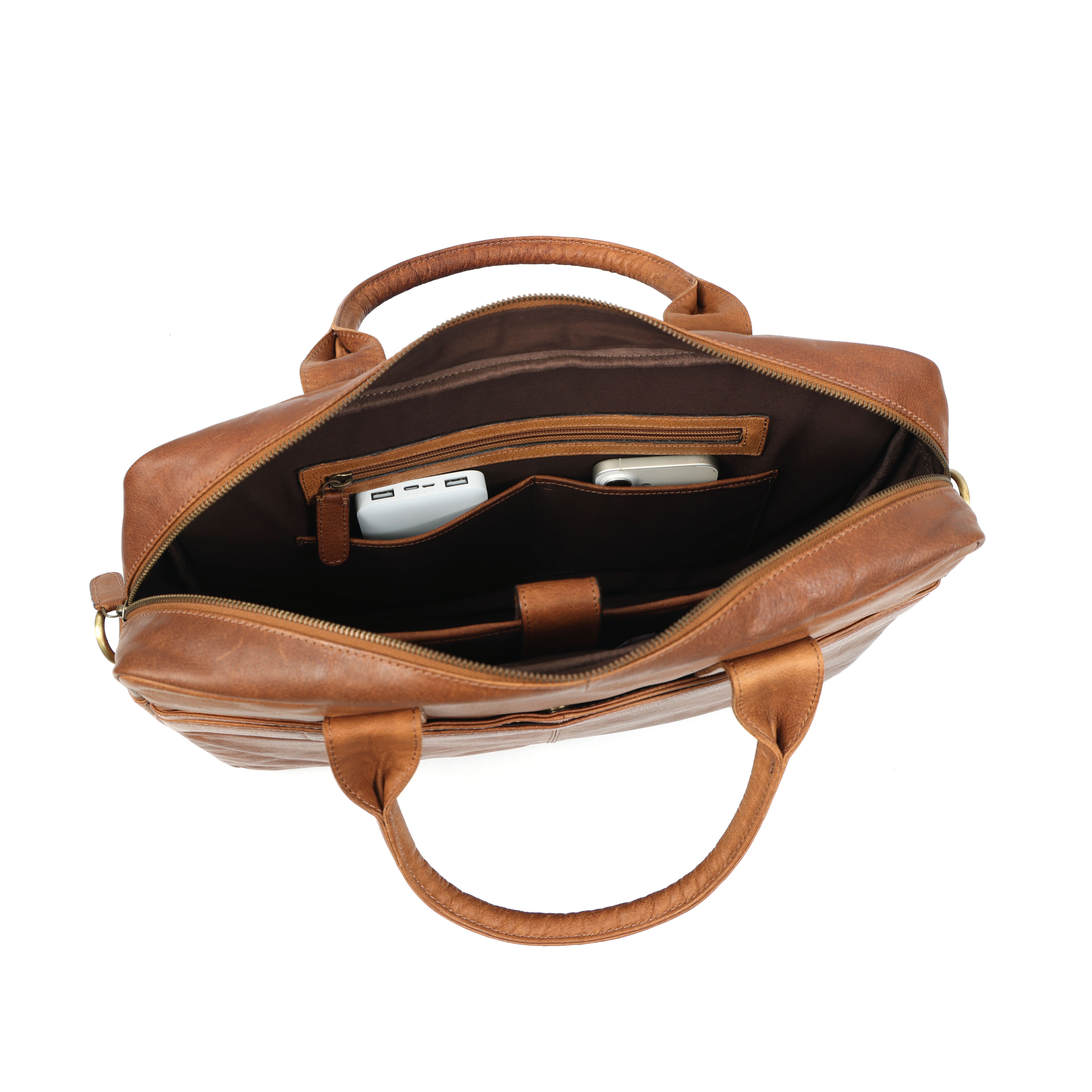 Brown leather briefcase with interior compartments on a white background