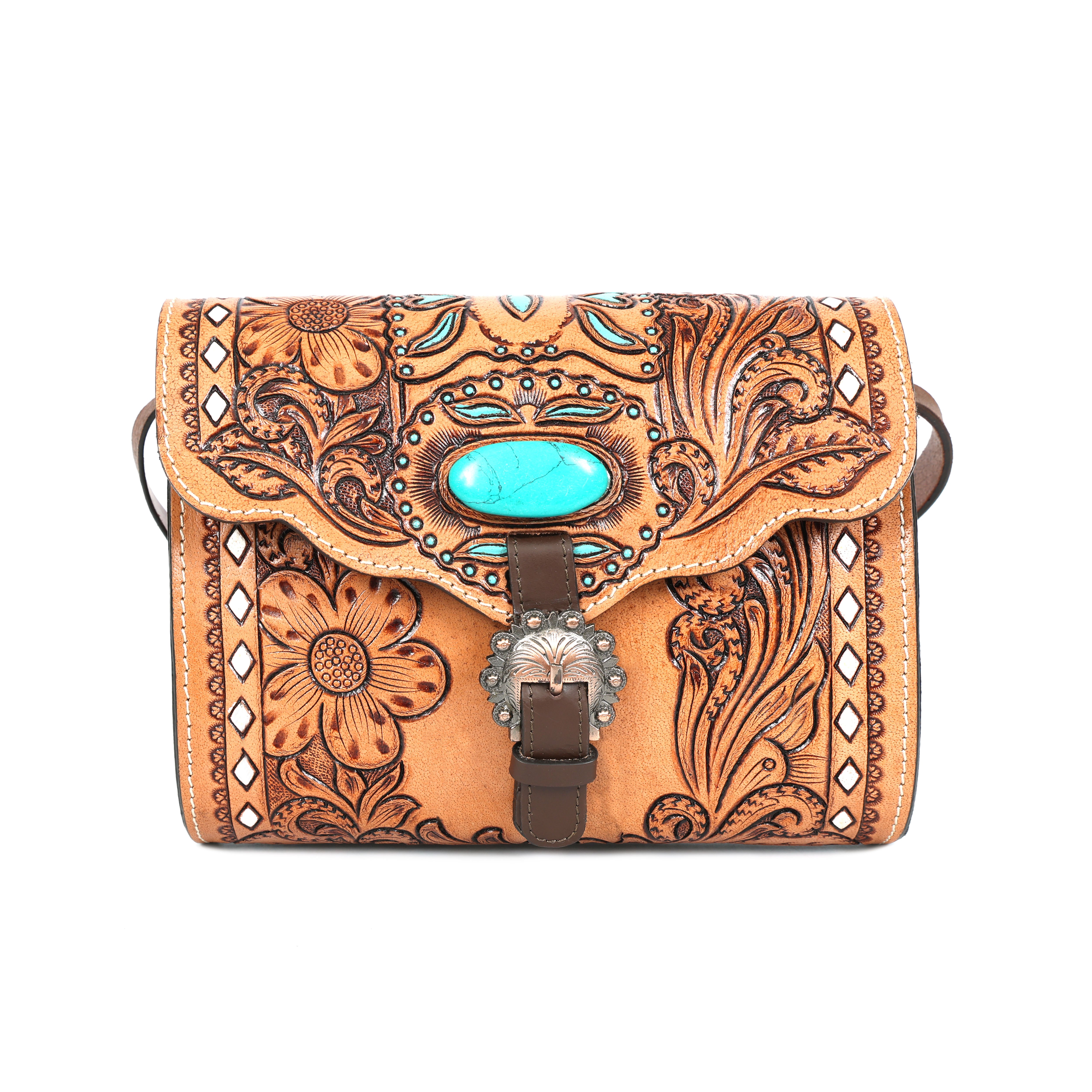 Hand-Tooled Leather Crossbody Bag with Turquoise Buckle(EL-ON-28)