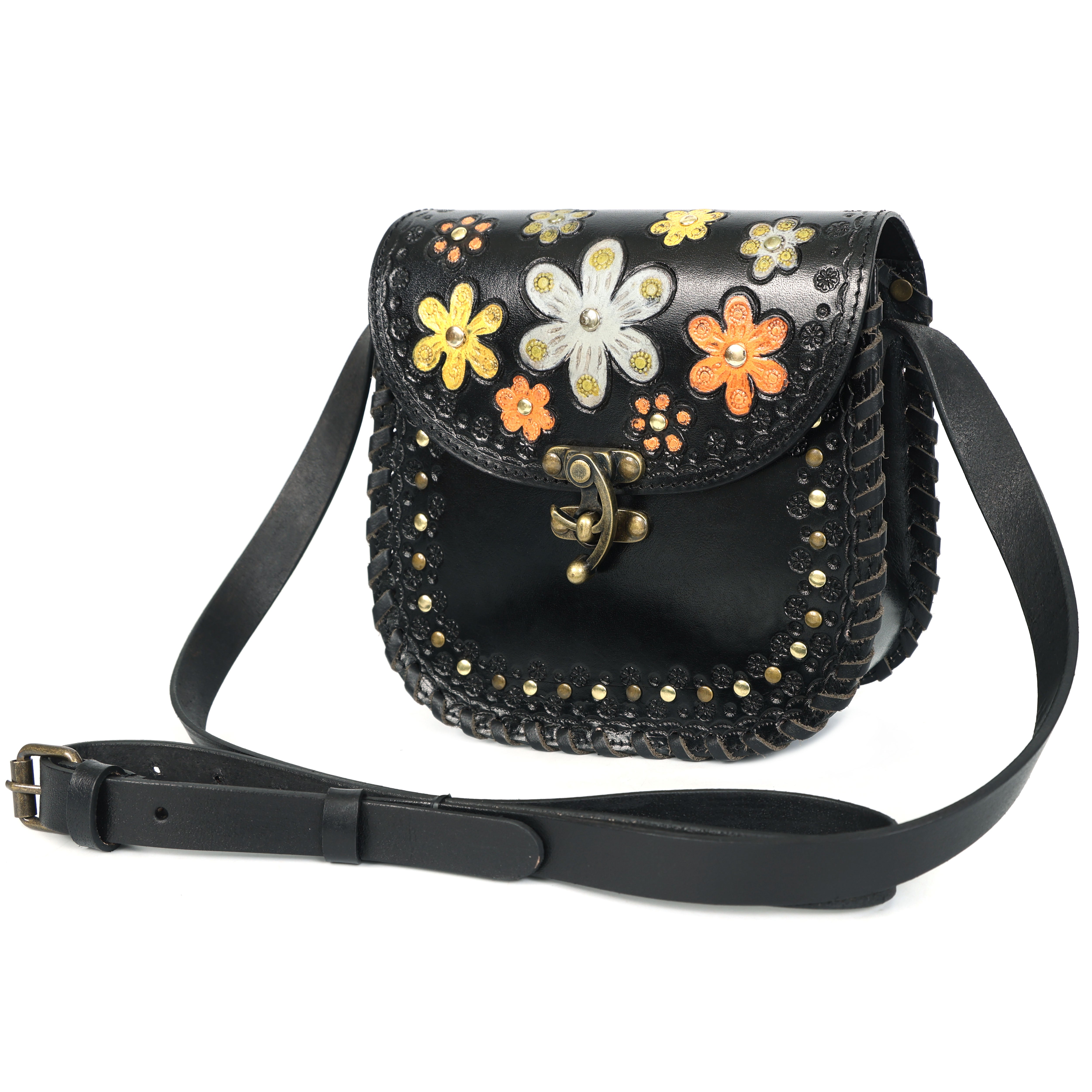 Handcrafted Black Leather Saddle Sling Bag – Floral Embossed Crossbody(EL-GM-42-ON)