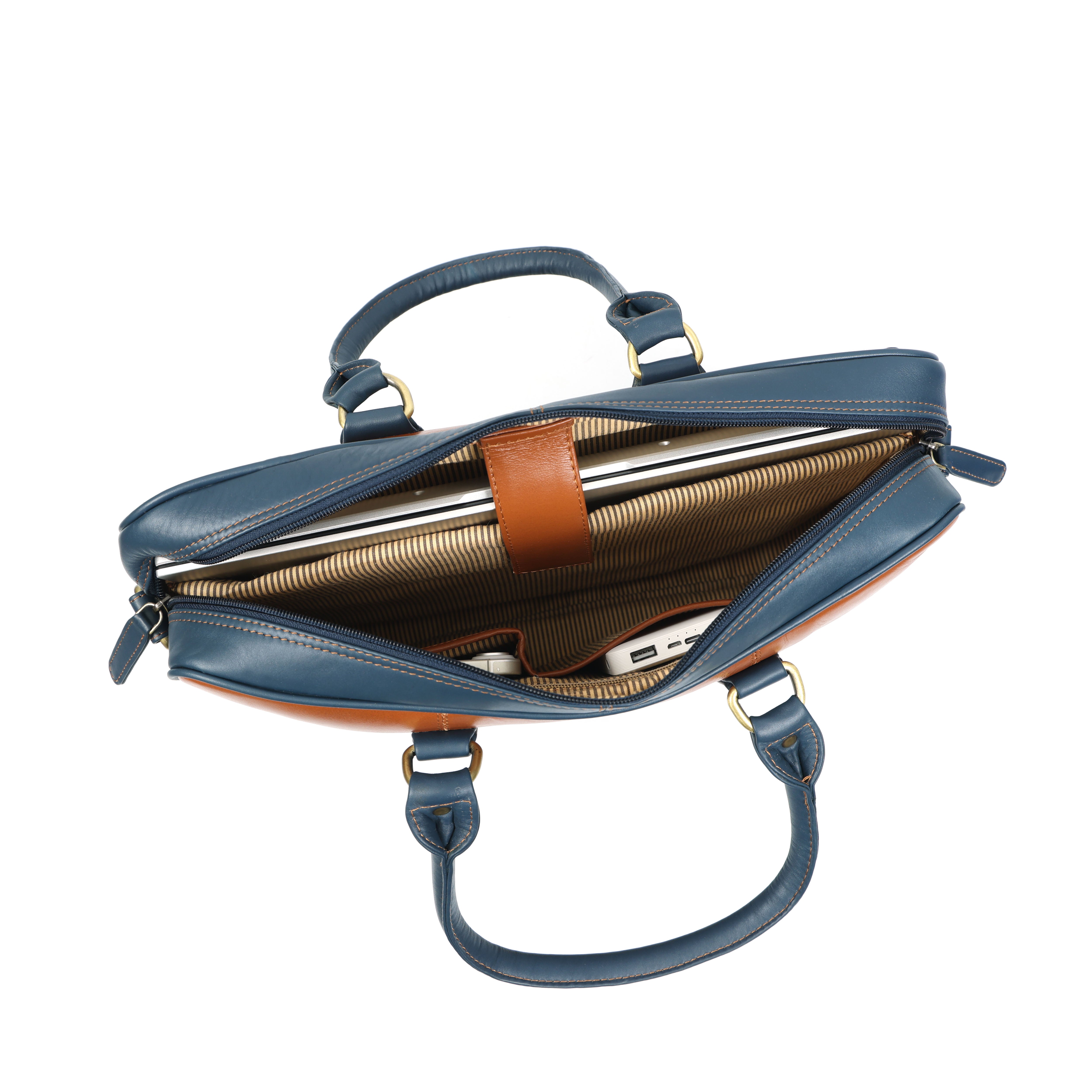 Wellington Elite 15” Leather Laptop Briefcase – Tan & Navy(EL-GM-O5-SK)