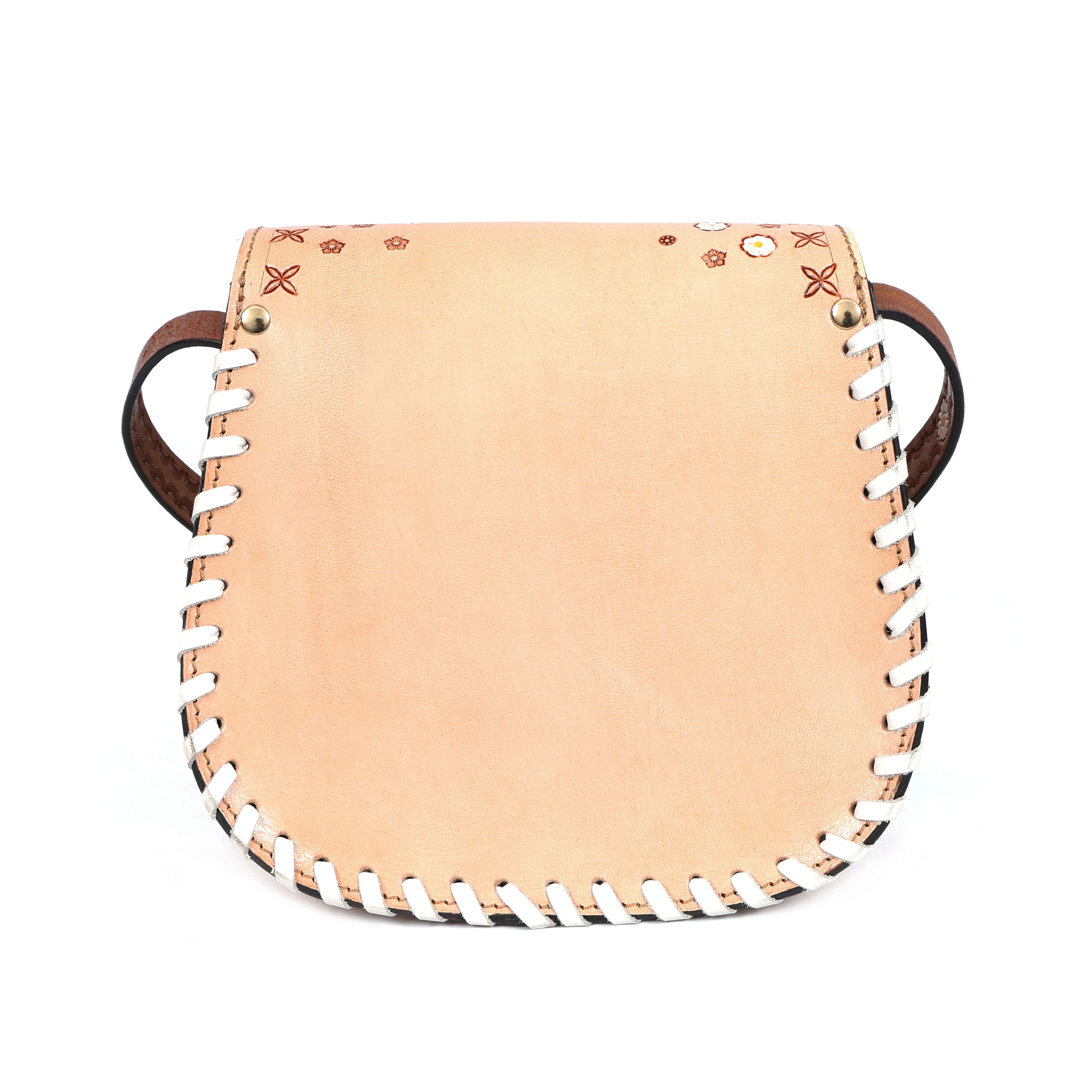 Natural Peachy Leather Daisy Saddle Bag – Hand-Tooled Crossbody(EL-GM-46-ON)