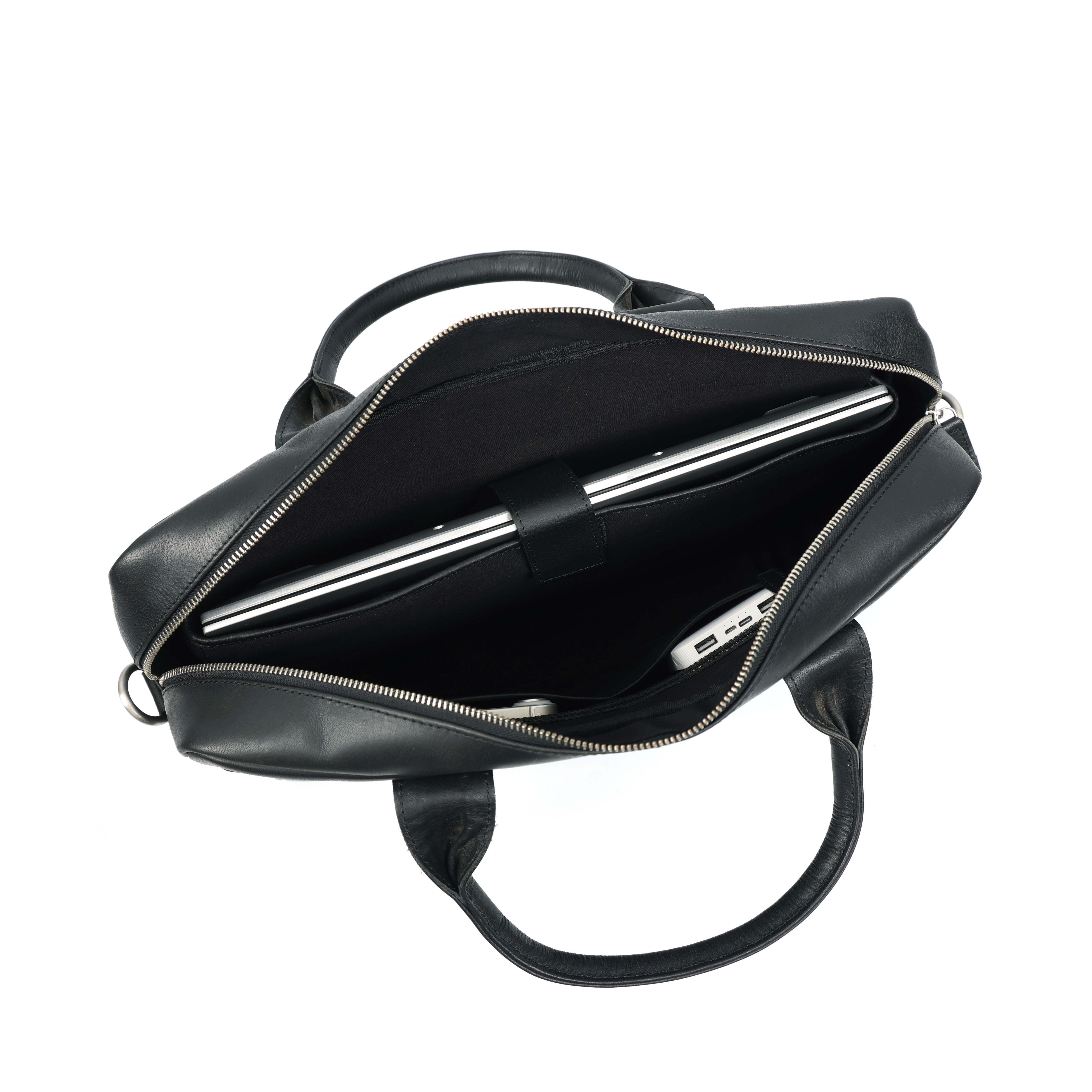 Black backpack with a laptop inside on a white background