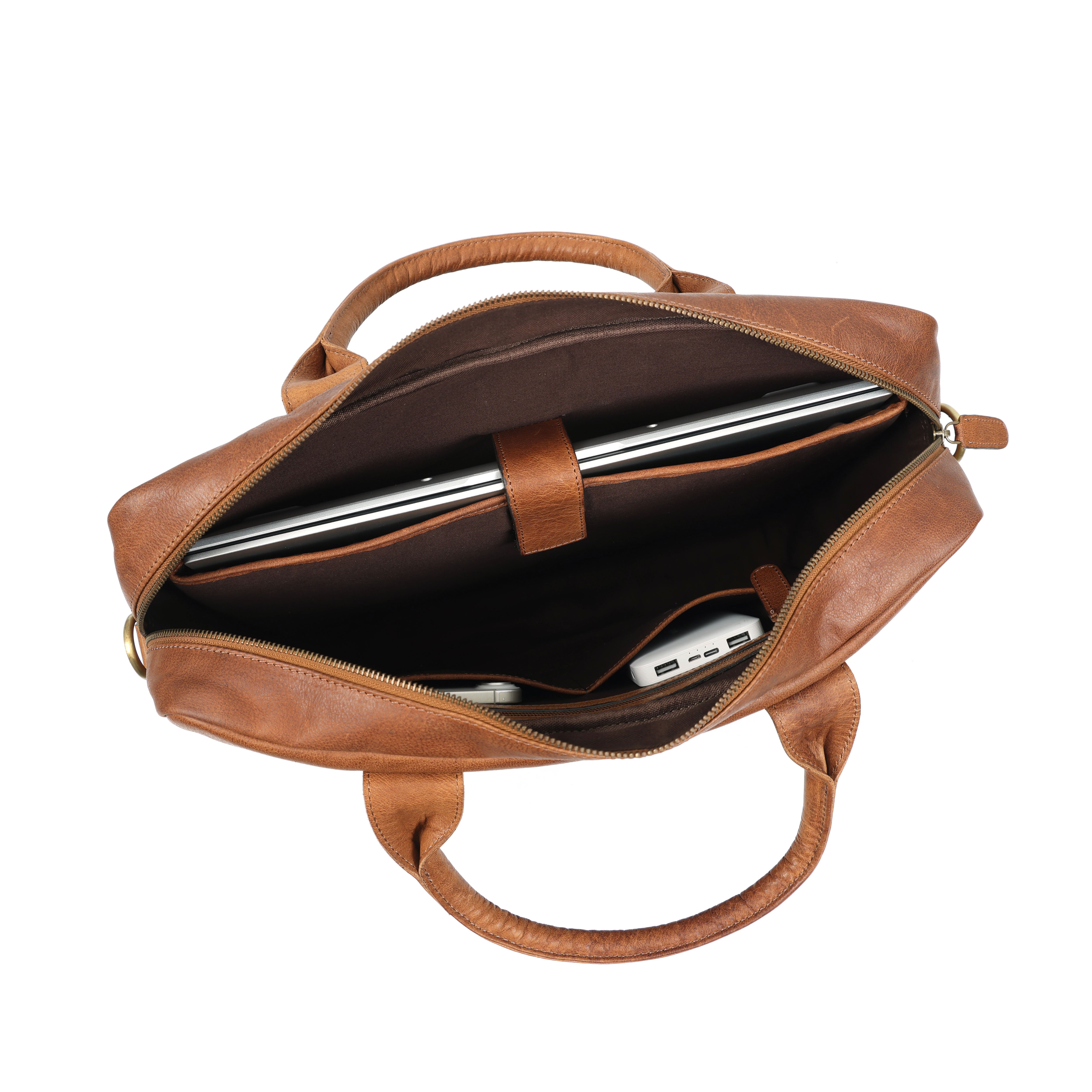 Brown leather briefcase with a laptop and phone inside on a white background