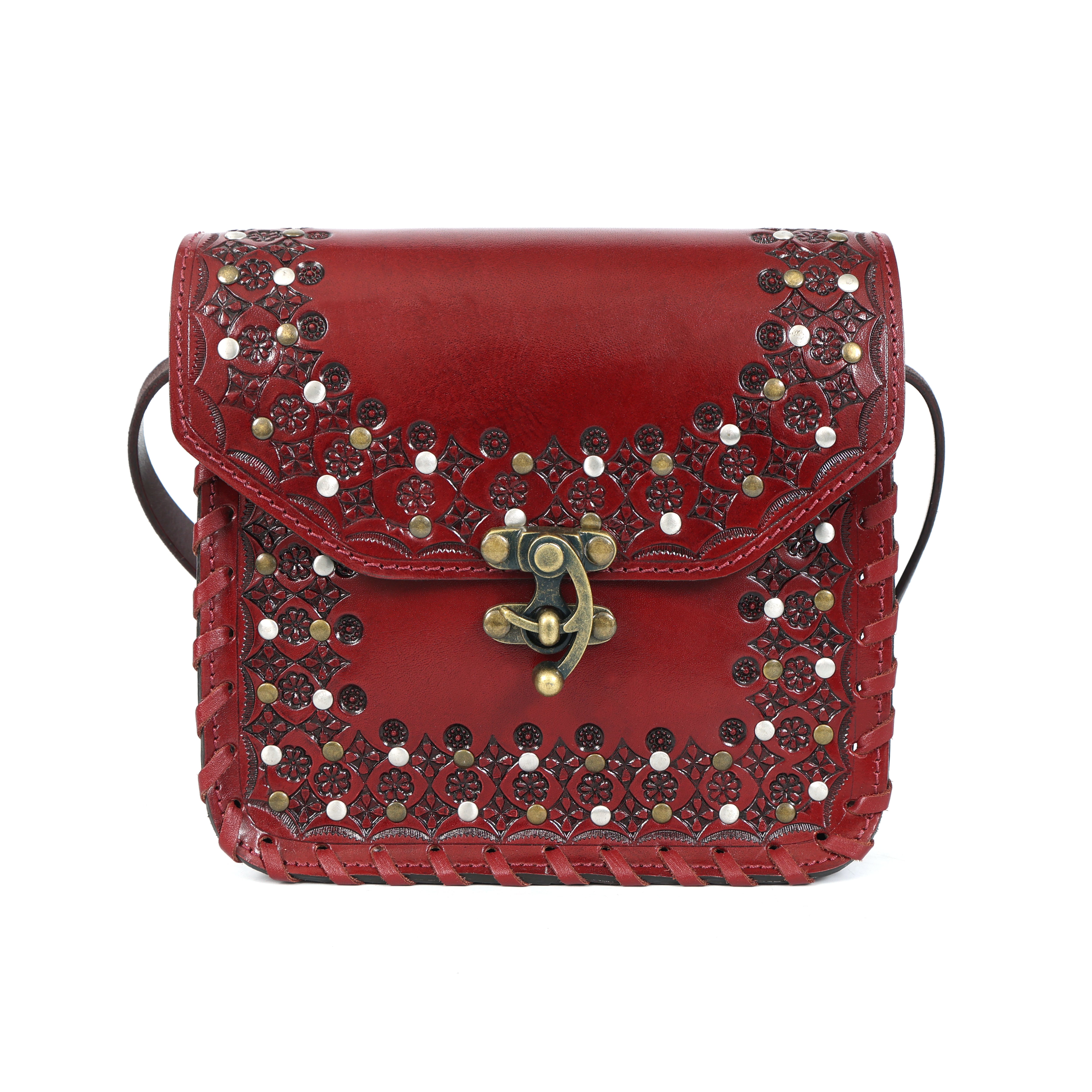 Vintage Red Leather Saddle Bag – Handcrafted Tooled Crossbody Purse(EL-GM-41-ON)