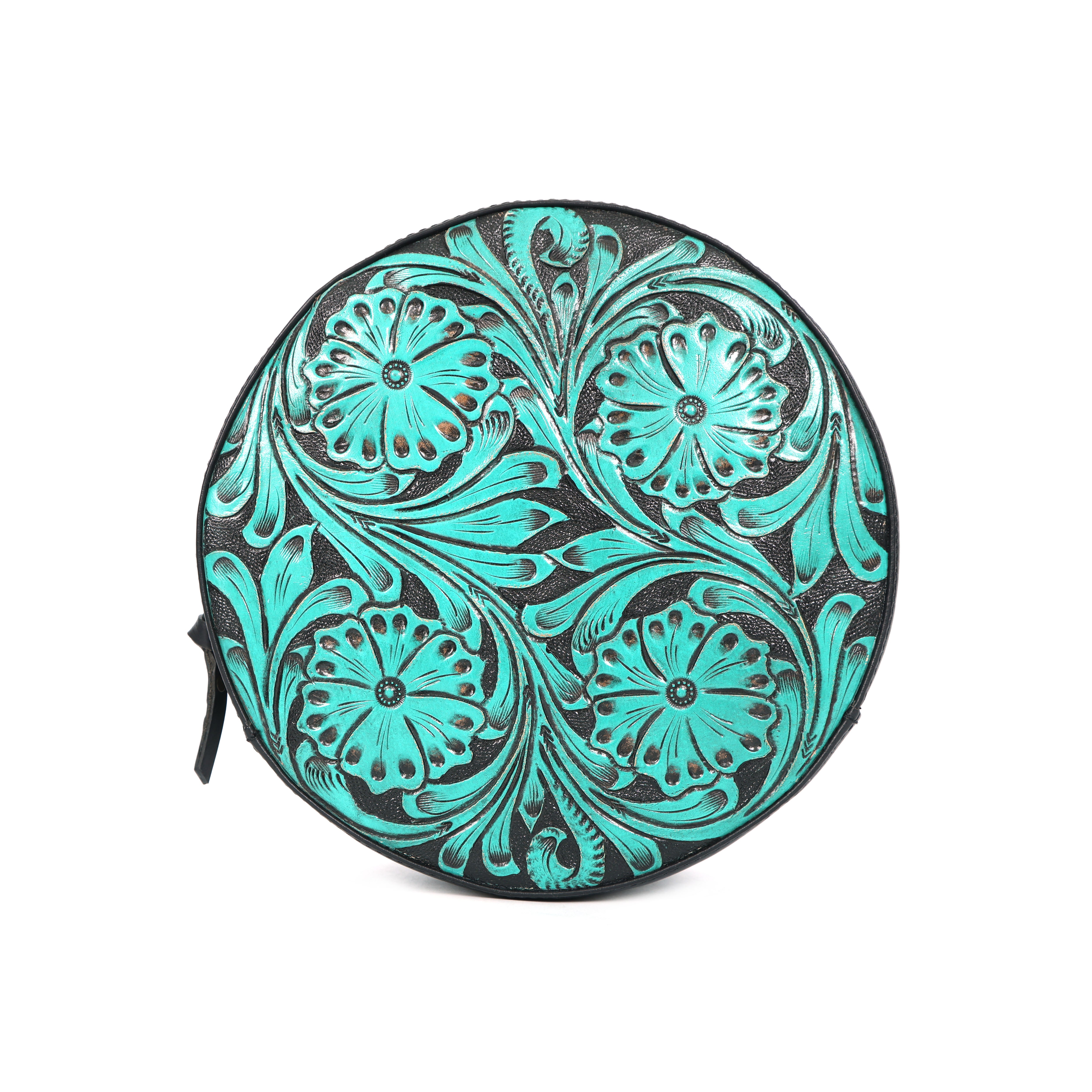 Luxury Round Hand-Tooled Leather Sling Bag – Artisan Floral Design(EL-GM-04-ON)