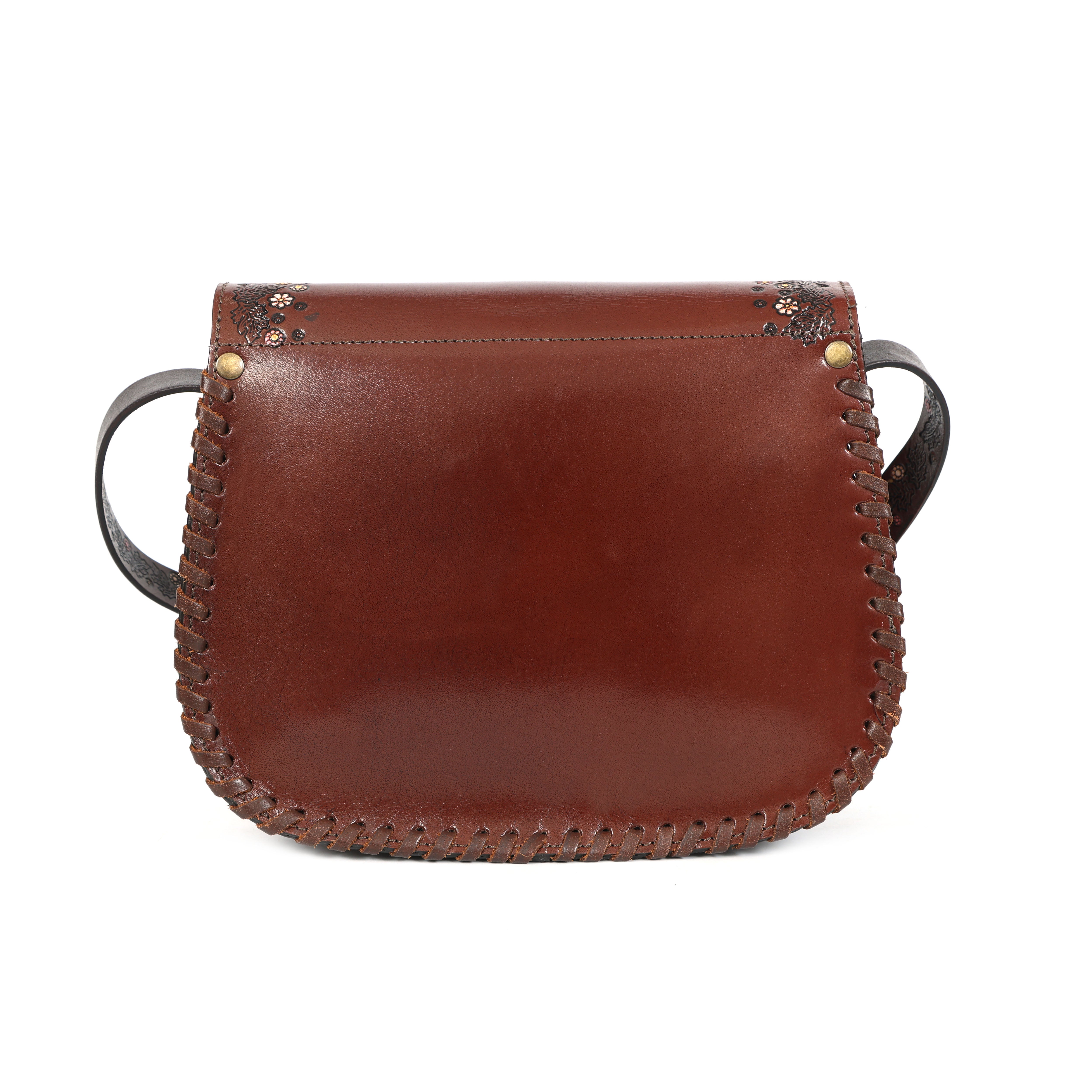 Handcrafted Sunflower Leather Saddle Bag – Brown Floral Sling Crossbody (EL-GM-44-ON)