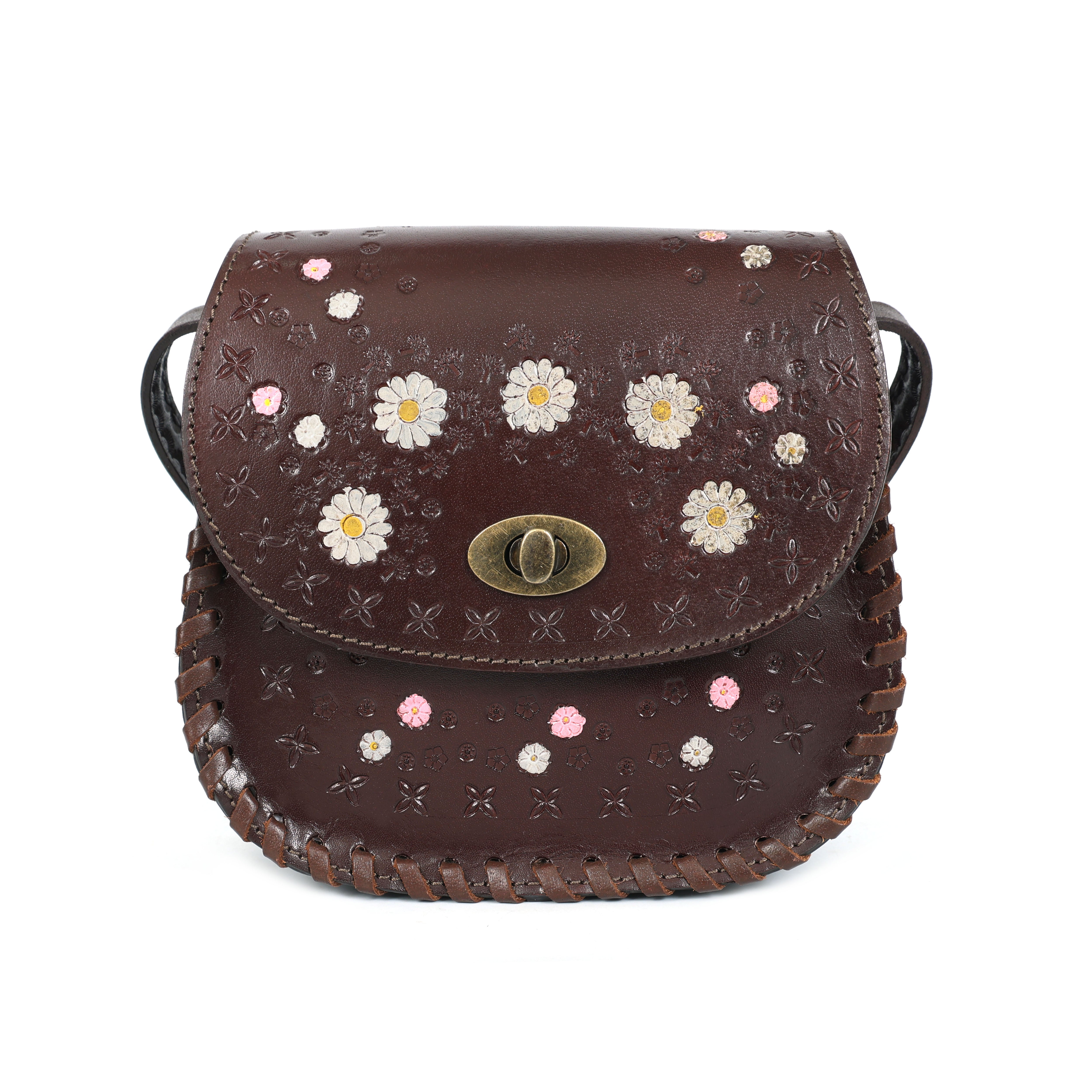 Daisy Bloom Leather Saddle Bag – Handcrafted Sling(EL-GM-47-ON)