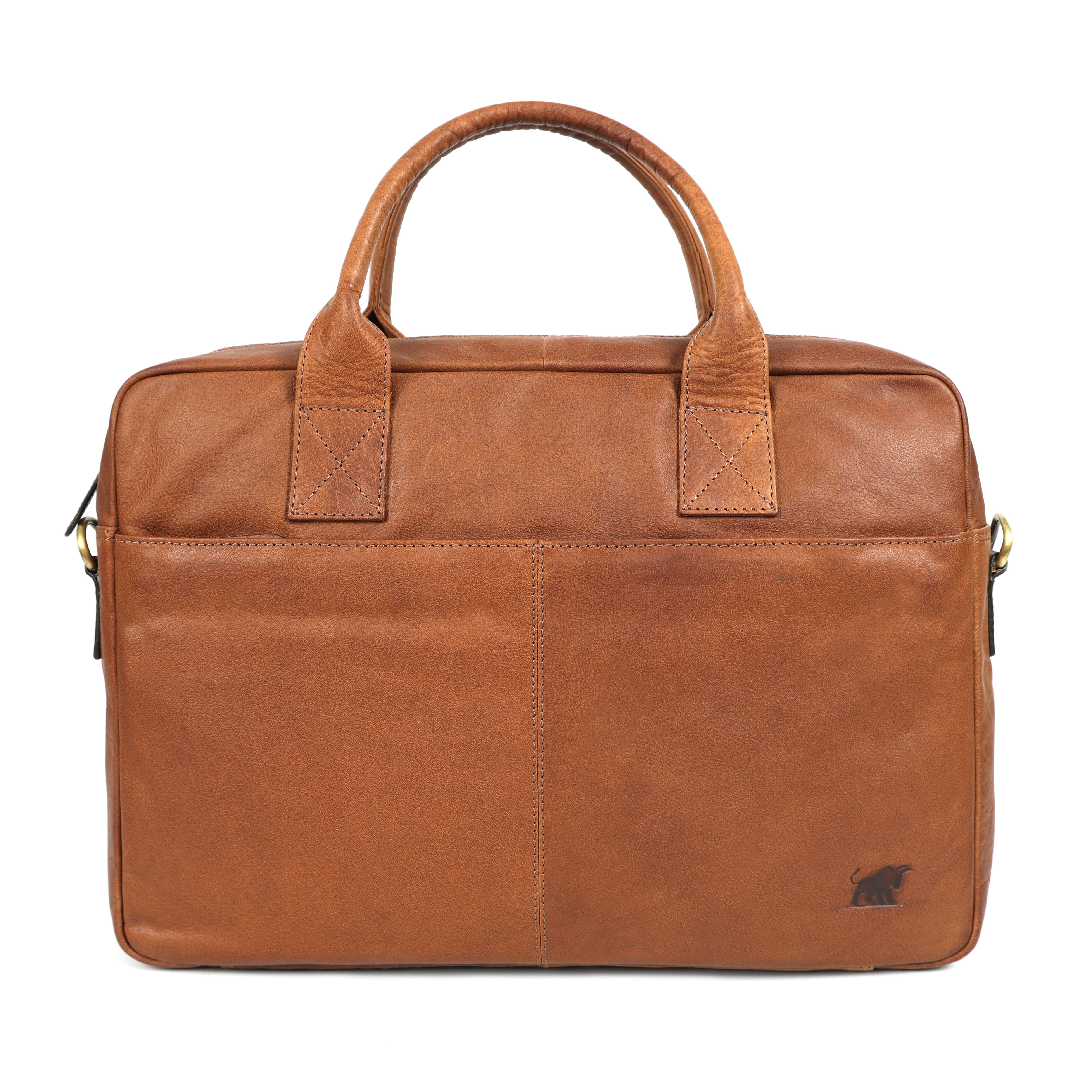 Brown leather briefcase with a visible brand logo on a white background