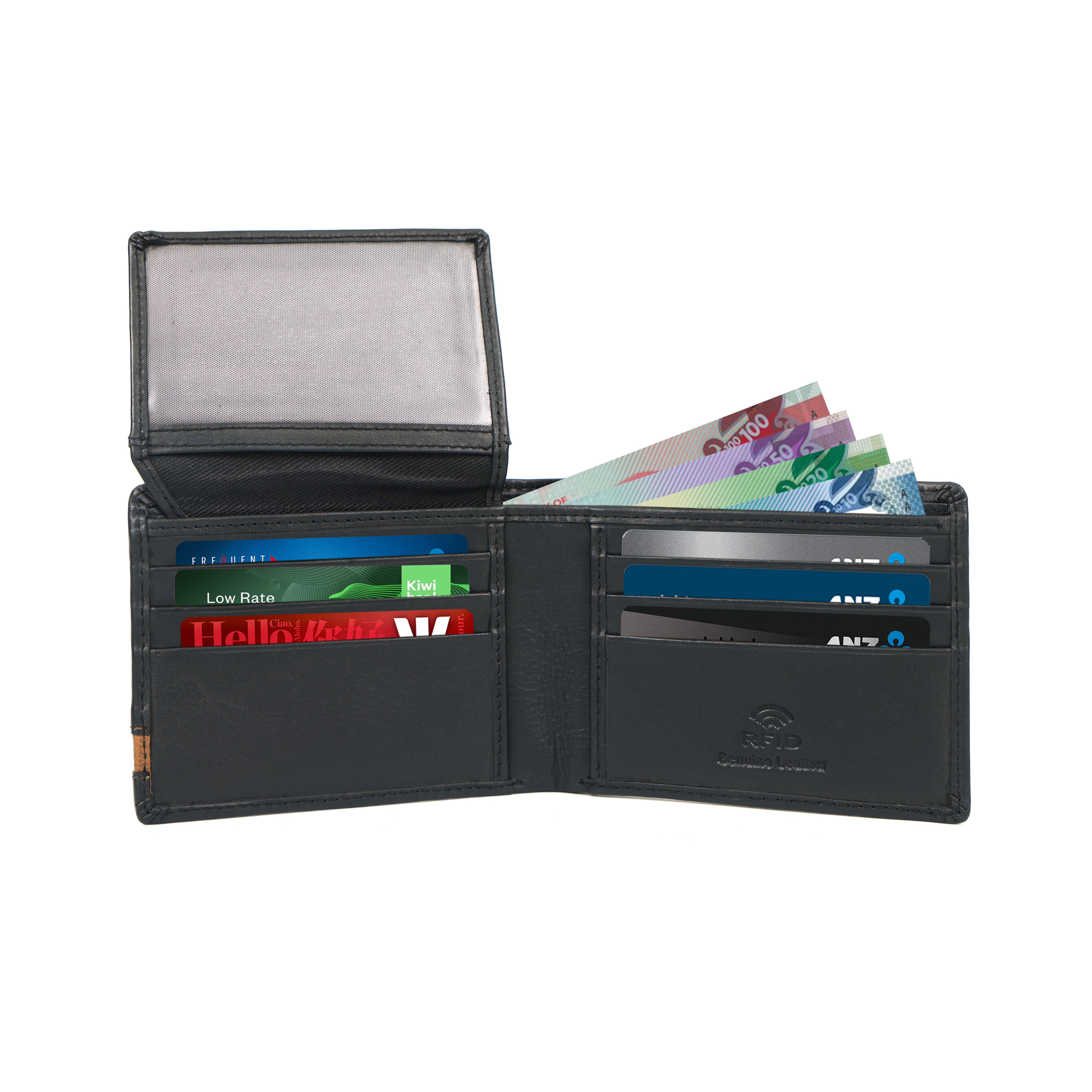 Leather wallet Stripped Blue and Black – RFID Blocking Bifold Card Holder with ID Window | Stylish Black, Navy & Tan Design