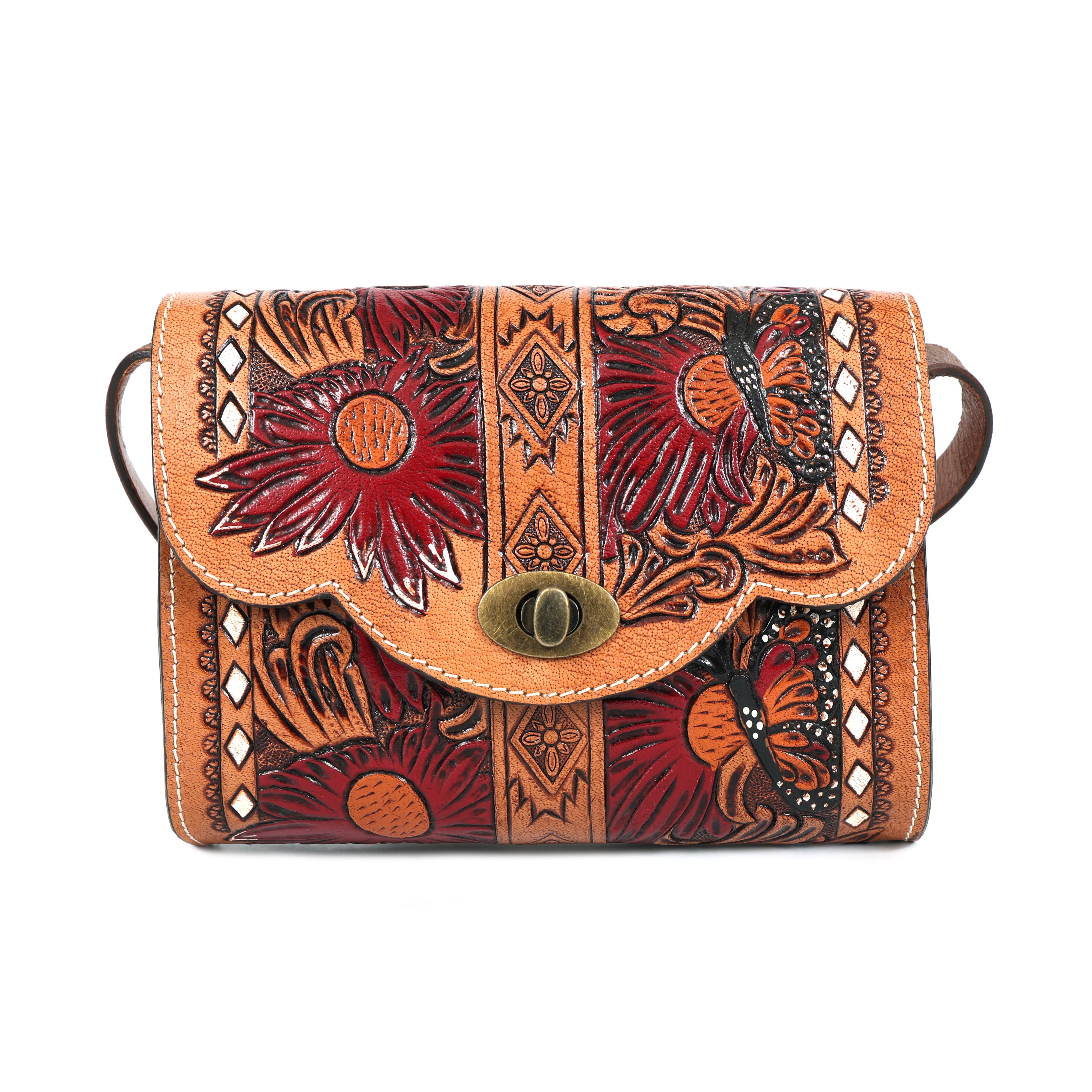 Hand-Tooled Leather Sling Bag with Red Elliptical Elderflower Bag(EL-ON-24)