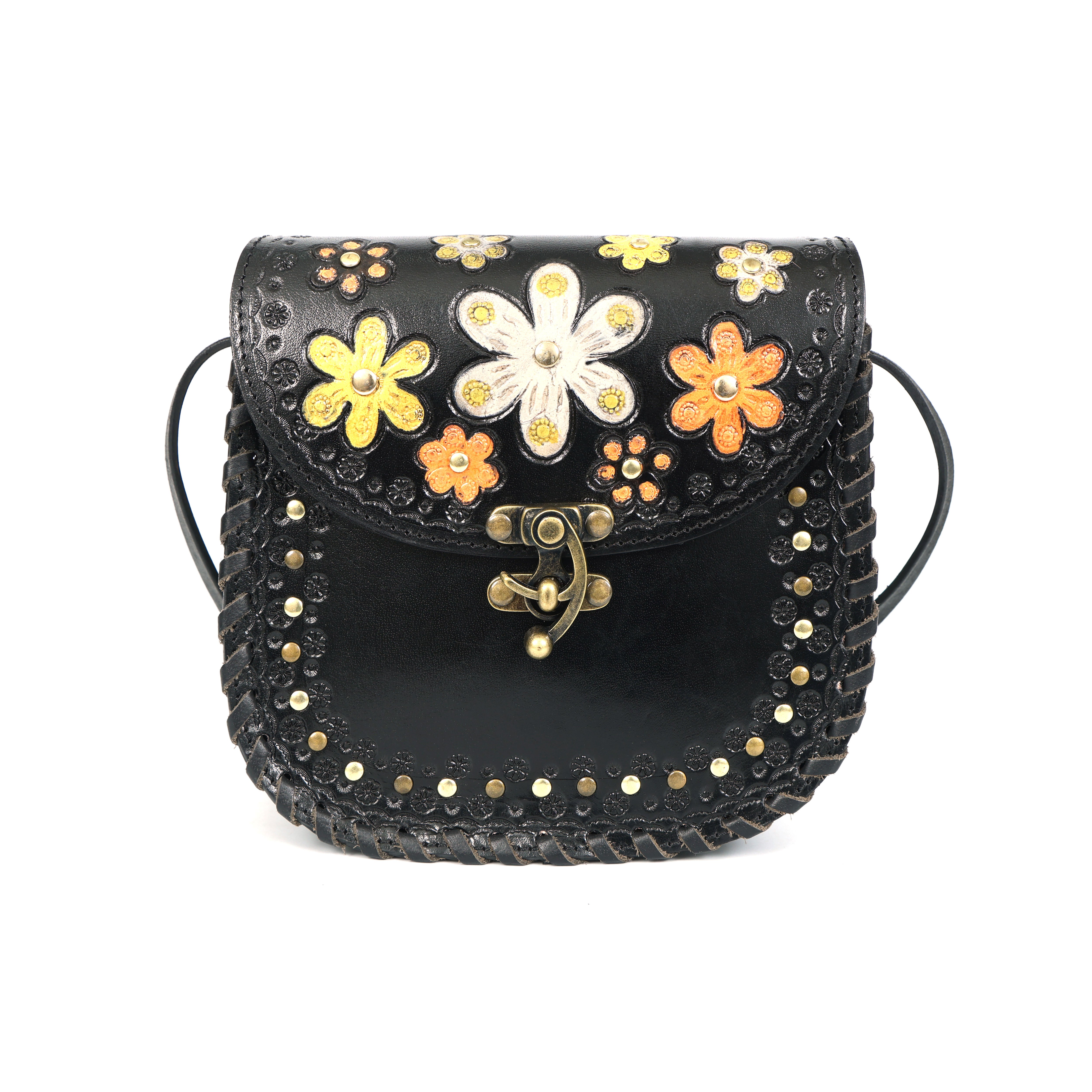 Handcrafted Black Leather Saddle Sling Bag – Floral Embossed Crossbody(EL-GM-42-ON)