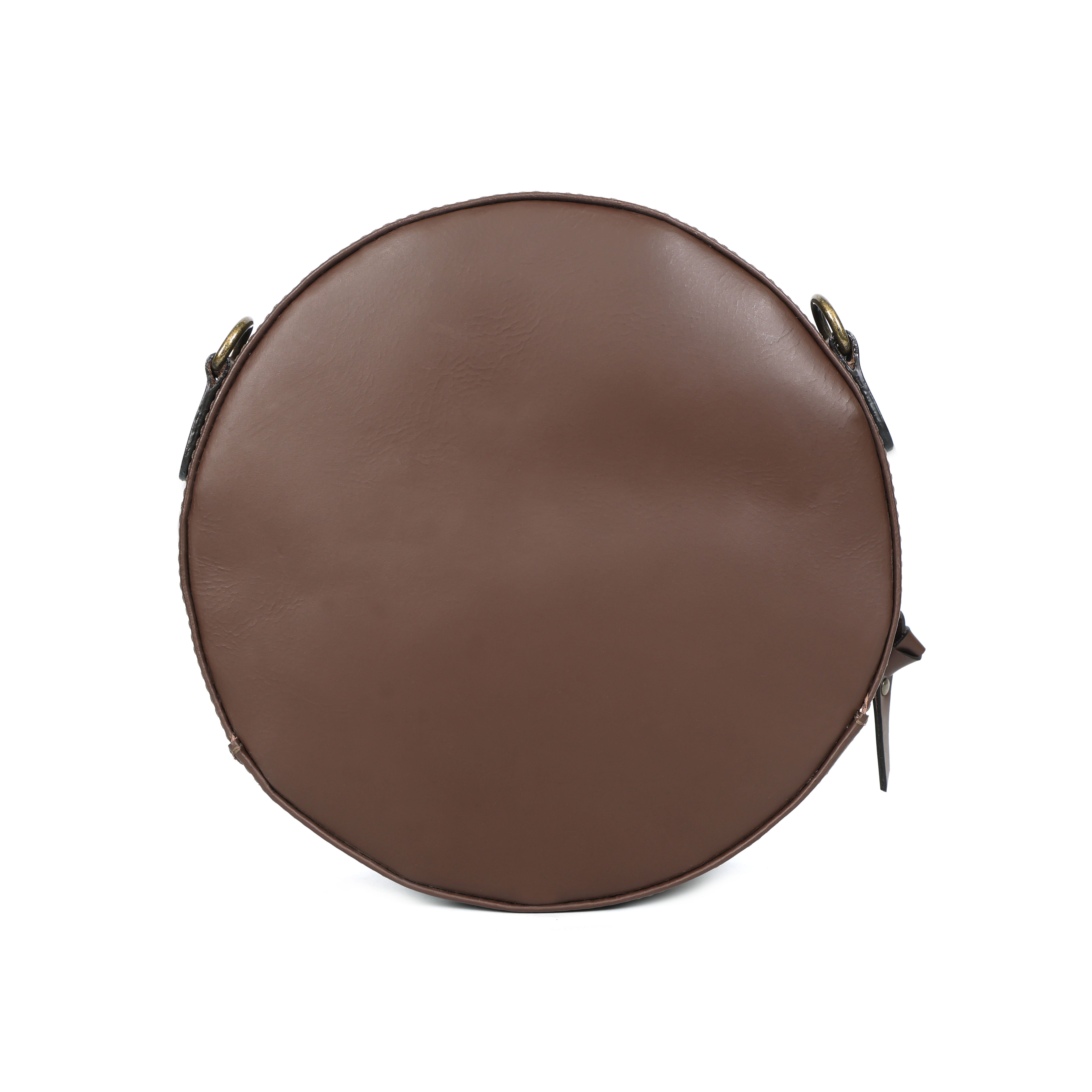 Brown round pouch with straps on a white background