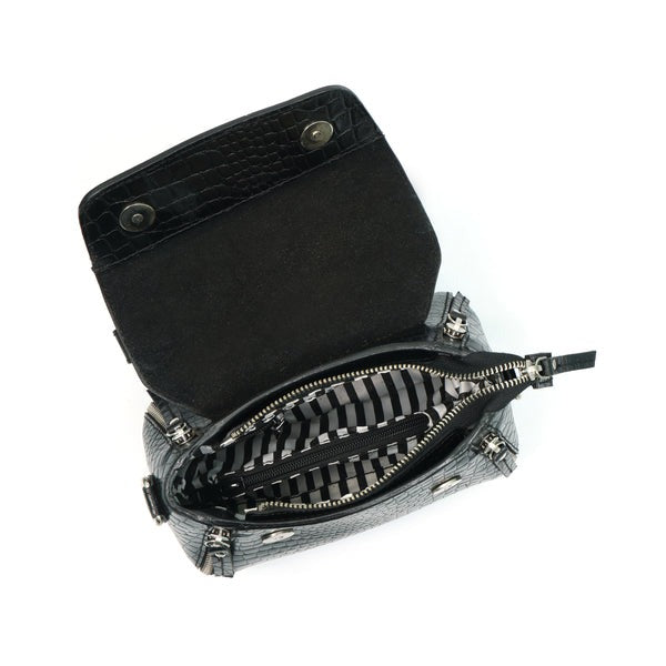 Open handbag with black interior and zippers on a white background