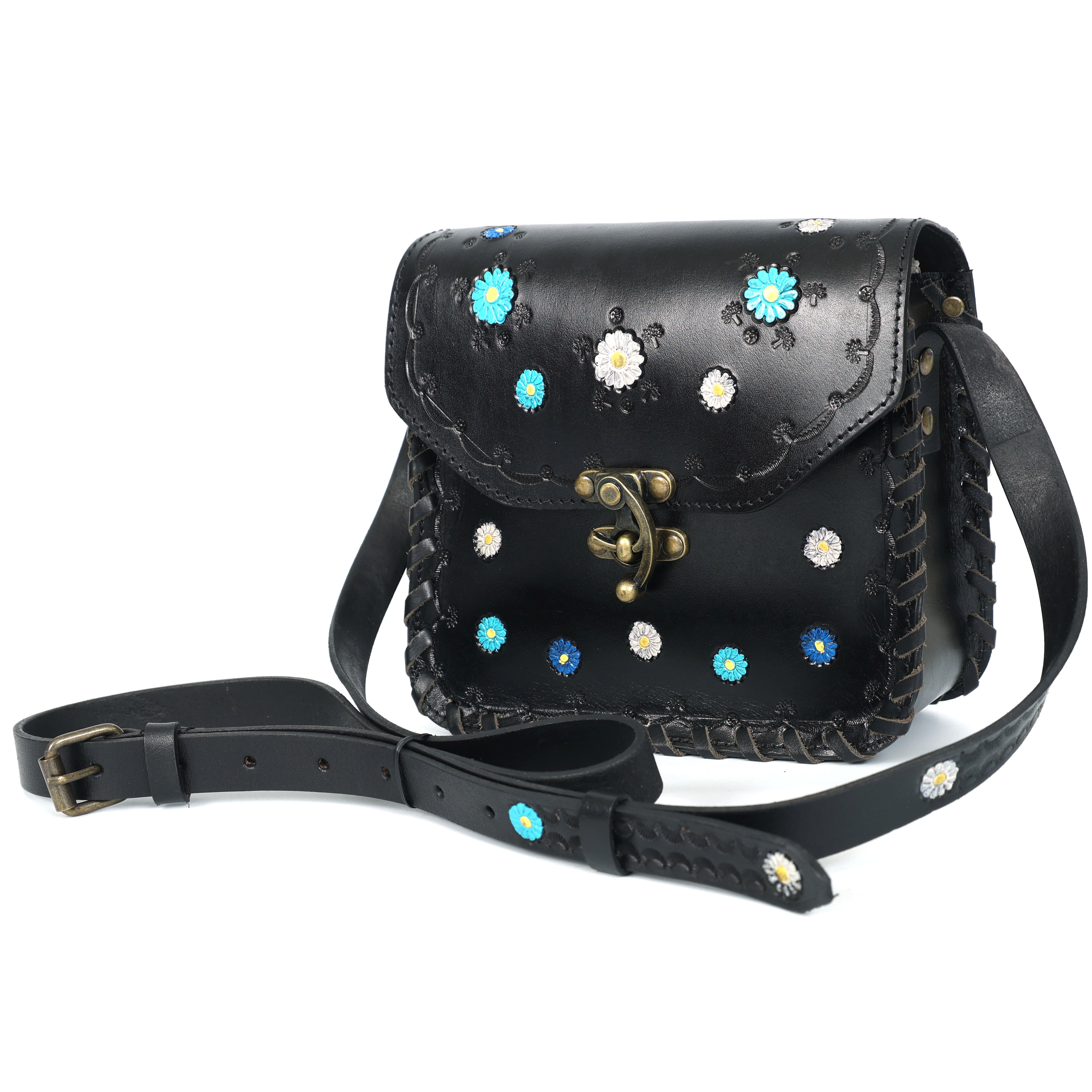 Black leather bag with decorative studs on a white background