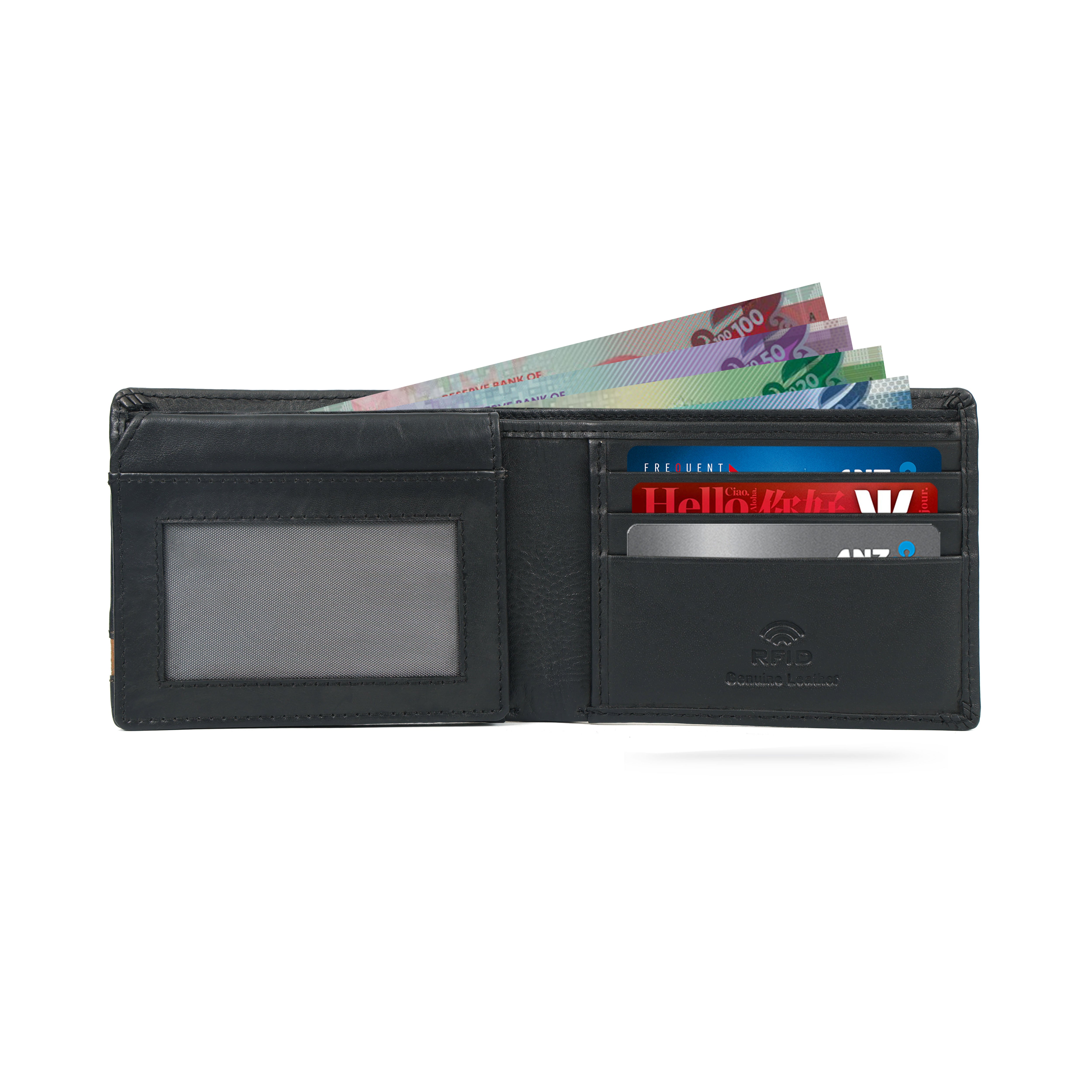 Leather wallet Stripped Blue and Black – RFID Blocking Bifold Card Holder with ID Window | Stylish Black, Navy & Tan Design