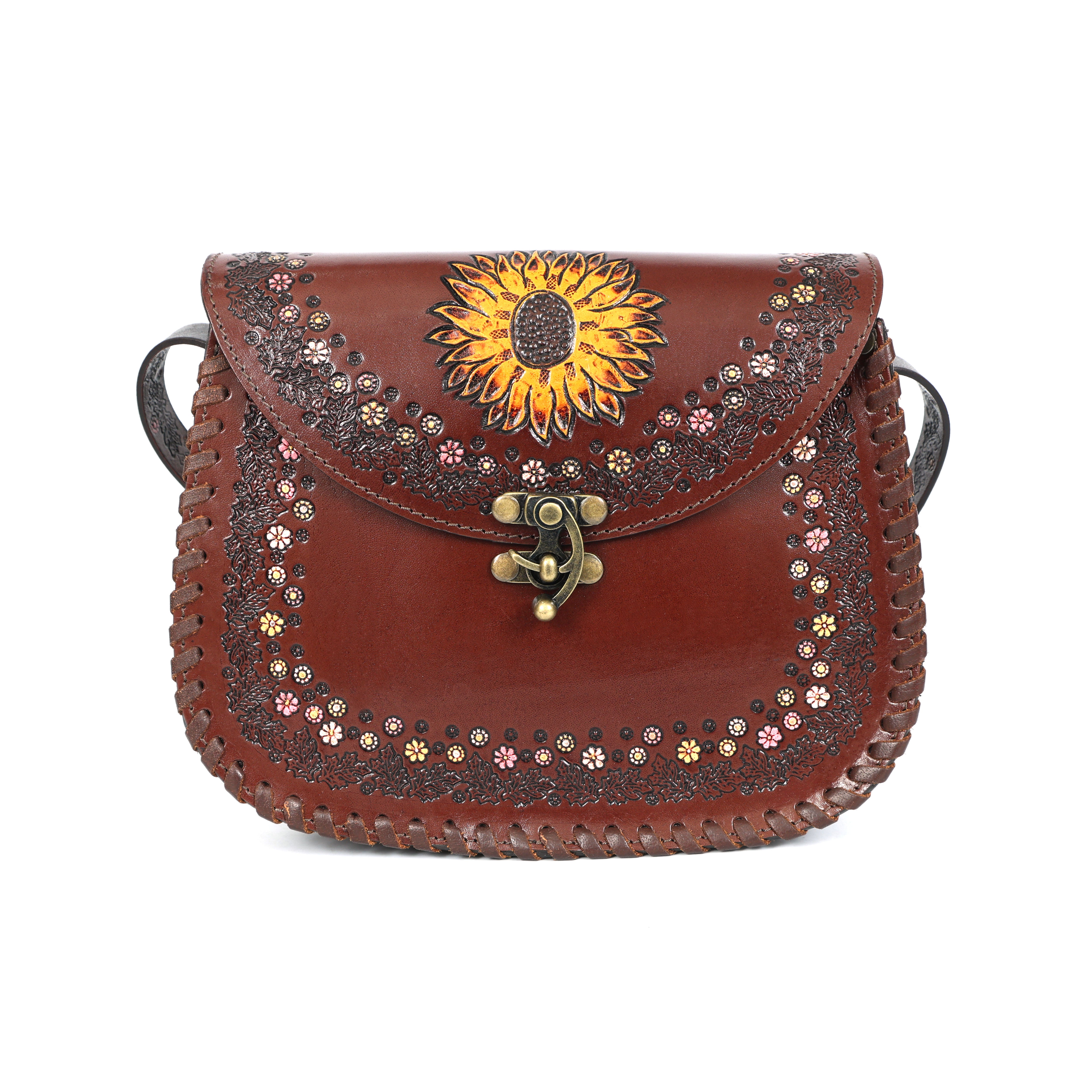 Handcrafted Sunflower Leather Saddle Bag – Brown Floral Sling Crossbody (EL-GM-44-ON)