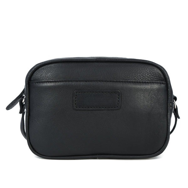 Black leather crossbody bag on a white background