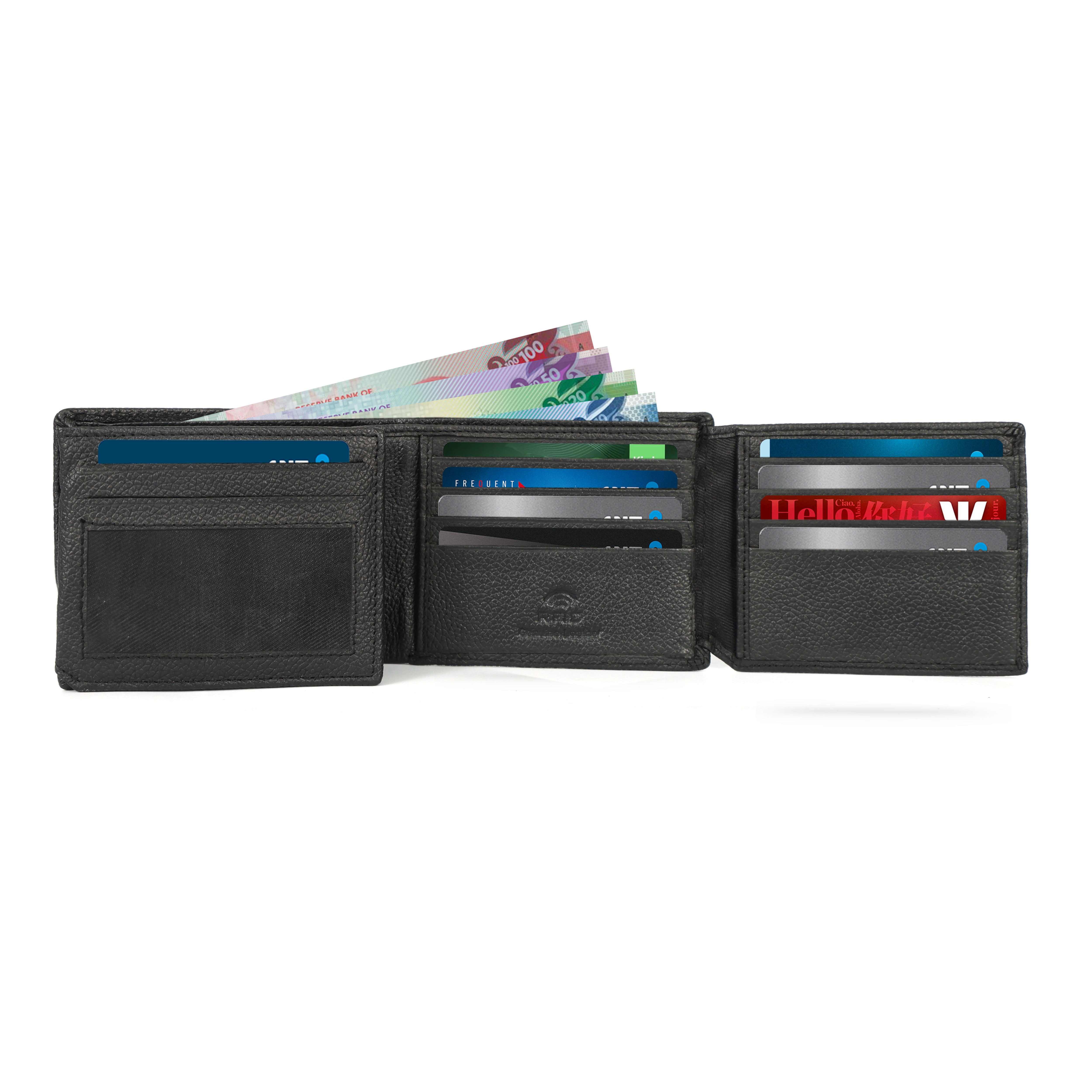 Monarch Elite Men’s Genuine Leather Wallet - RFID Protected Four Fold Black Leather Wallet – Premium Men’s Bifold with Multi-Card Storage | Genuine Leather Wallet NZ, AU & Pacific Islands(GM-390)