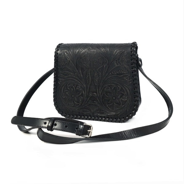 Black leather crossbody bag with intricate patterns on a white background