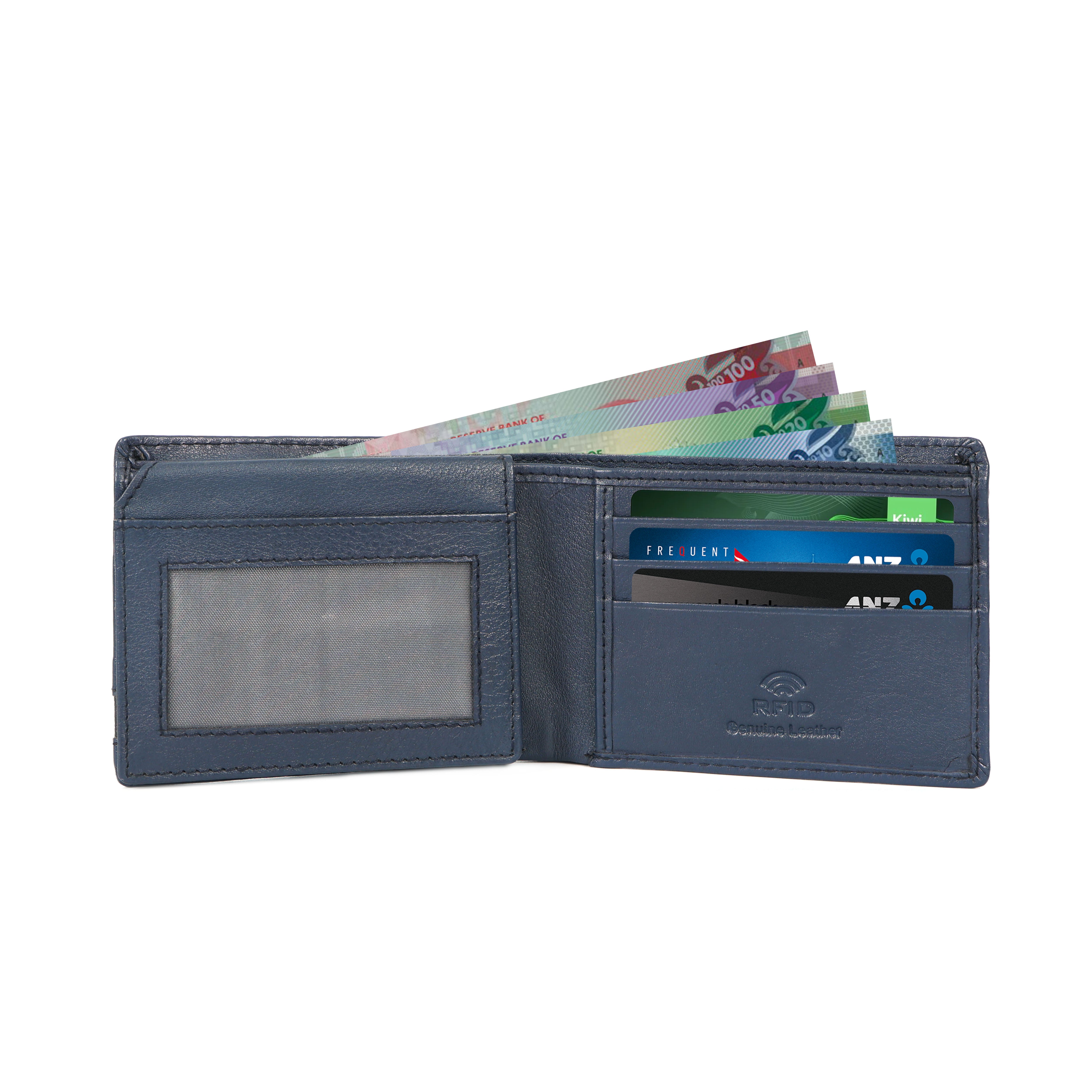 Leather wallet Stripped Blue and Black – RFID Blocking Bifold Card Holder with ID Window | Stylish Black, Navy & Tan Design