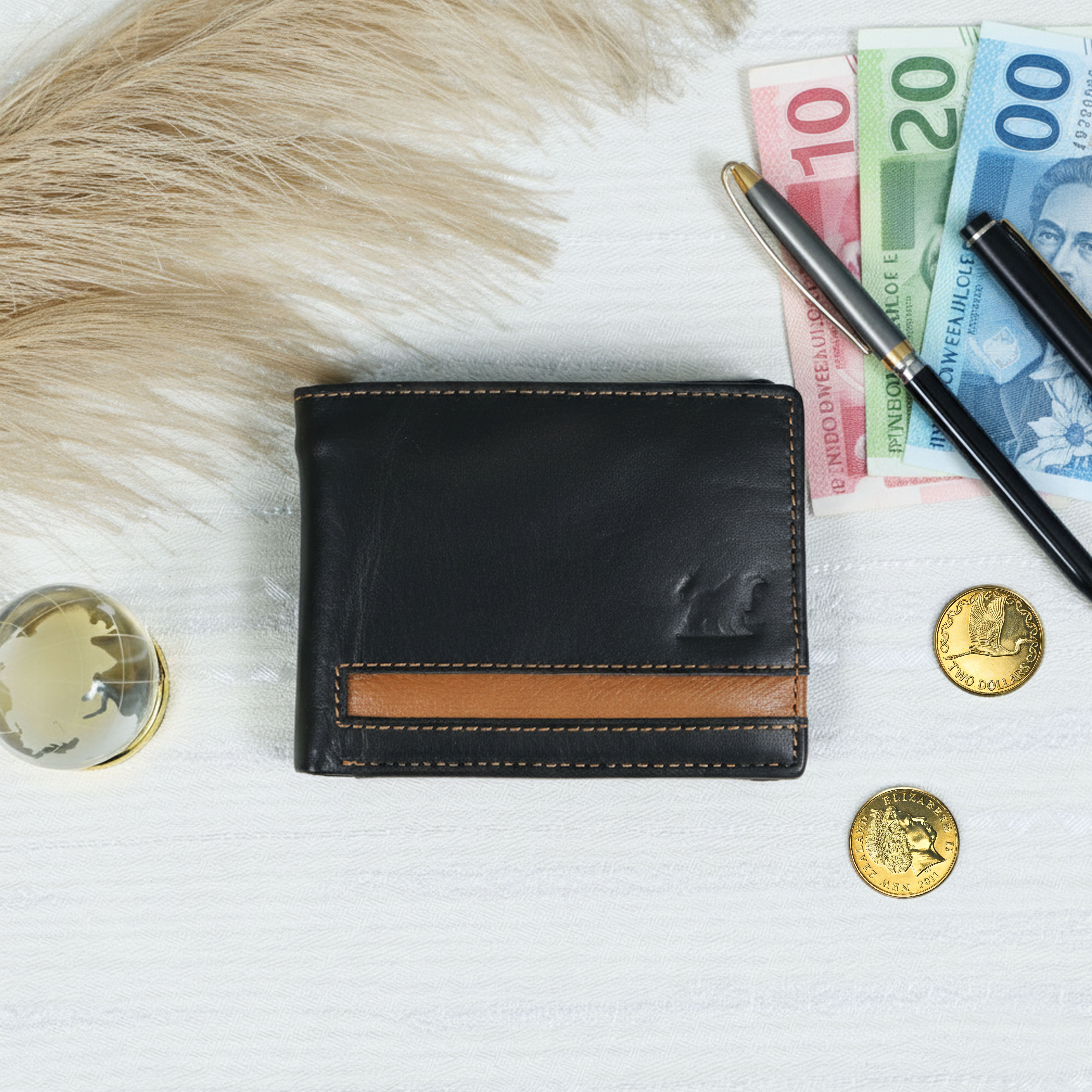 Leather wallet Stripped Blue and Black – RFID Blocking Bifold Card Holder with ID Window | Stylish Black, Navy & Tan Design