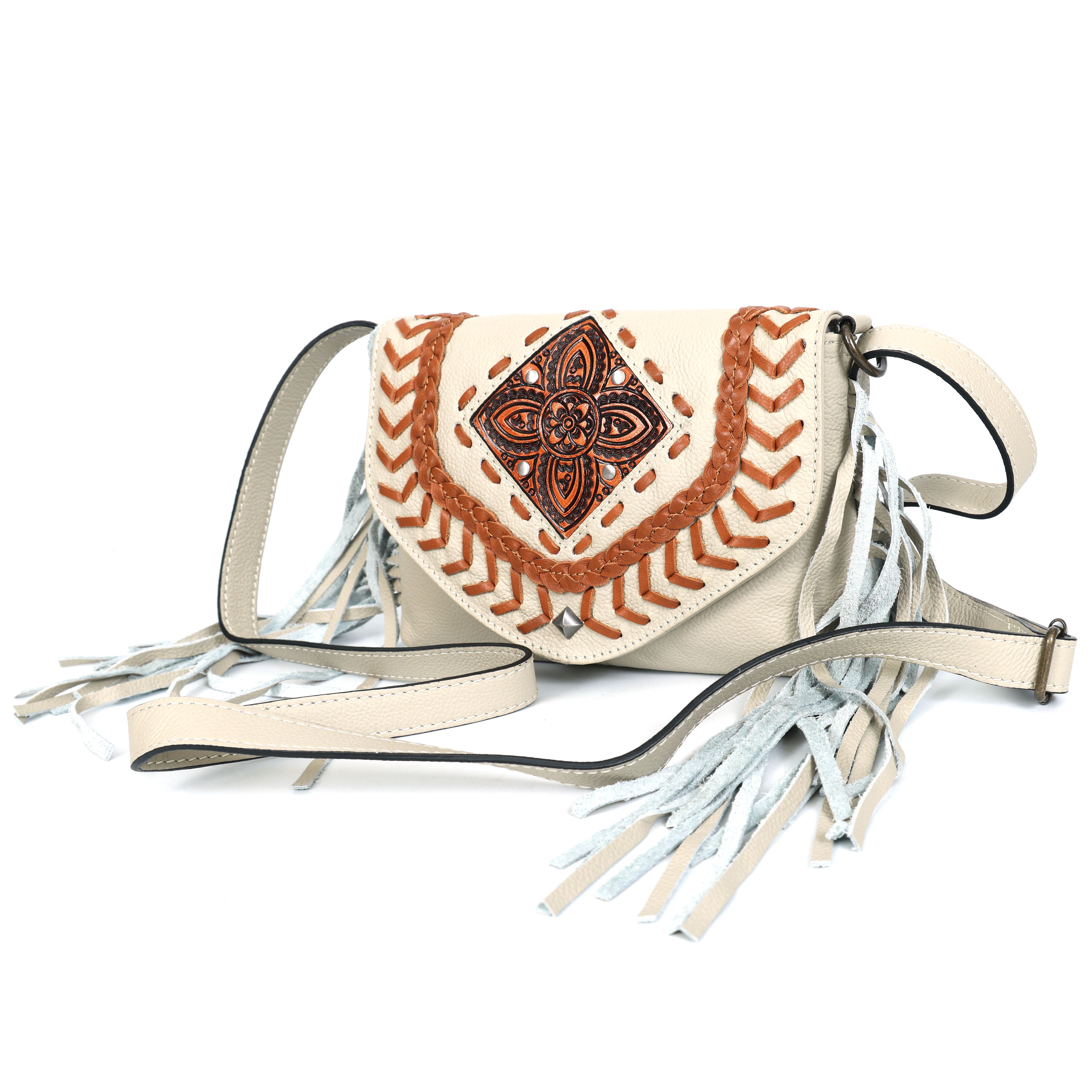 Coachella Sling | Boho Fringe Crossbody with Hand-Tooled Design(EL-GM-48-ON )
