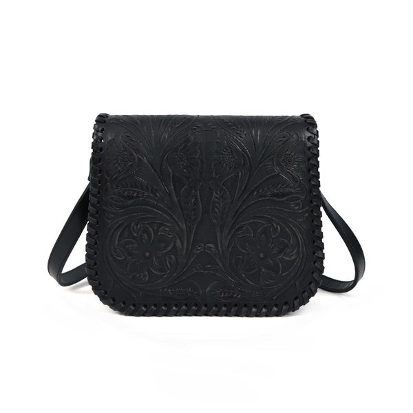 Black leather crossbody bag with intricate embossed design on a white background