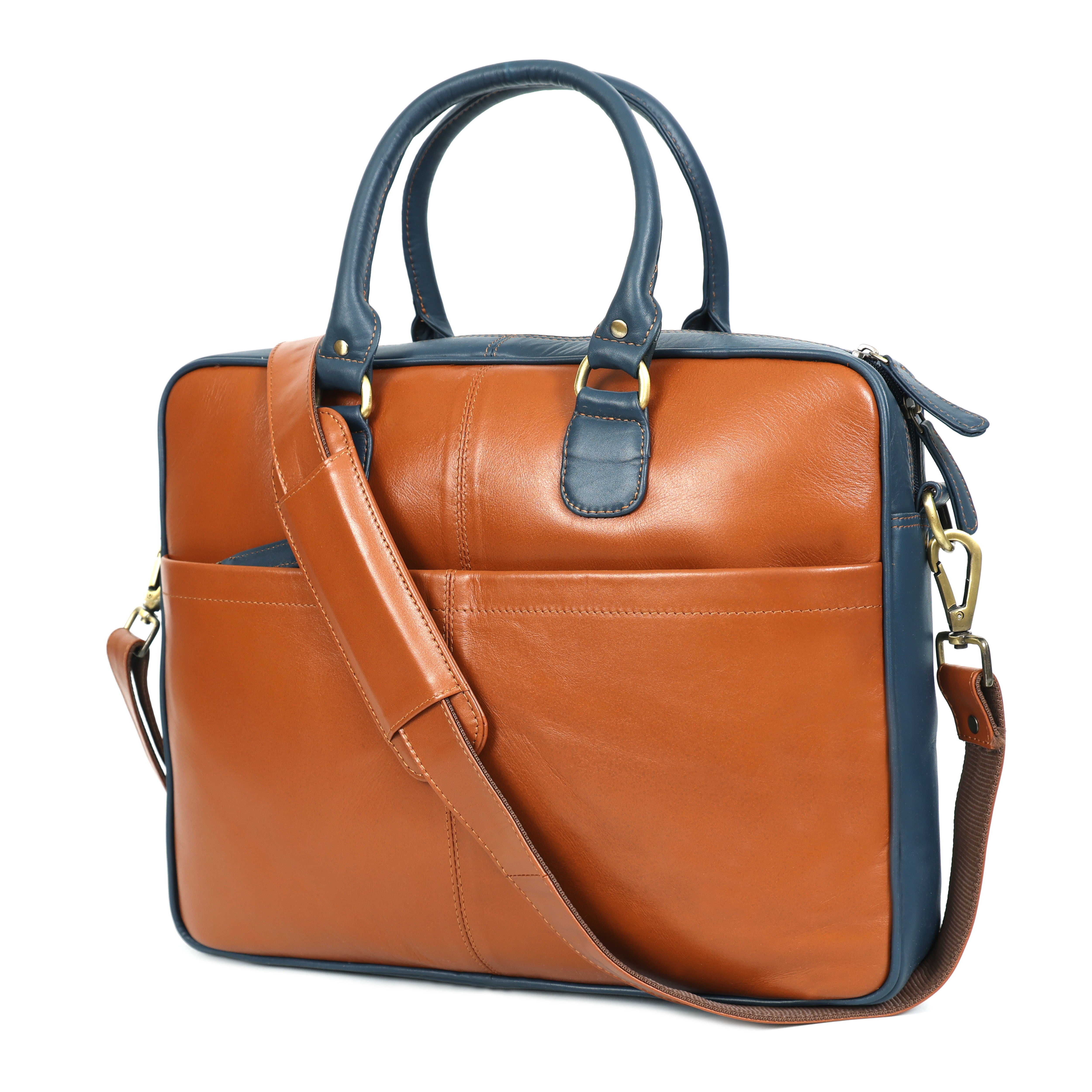 Wellington Elite 15” Leather Laptop Briefcase – Tan & Navy(EL-GM-O5-SK)