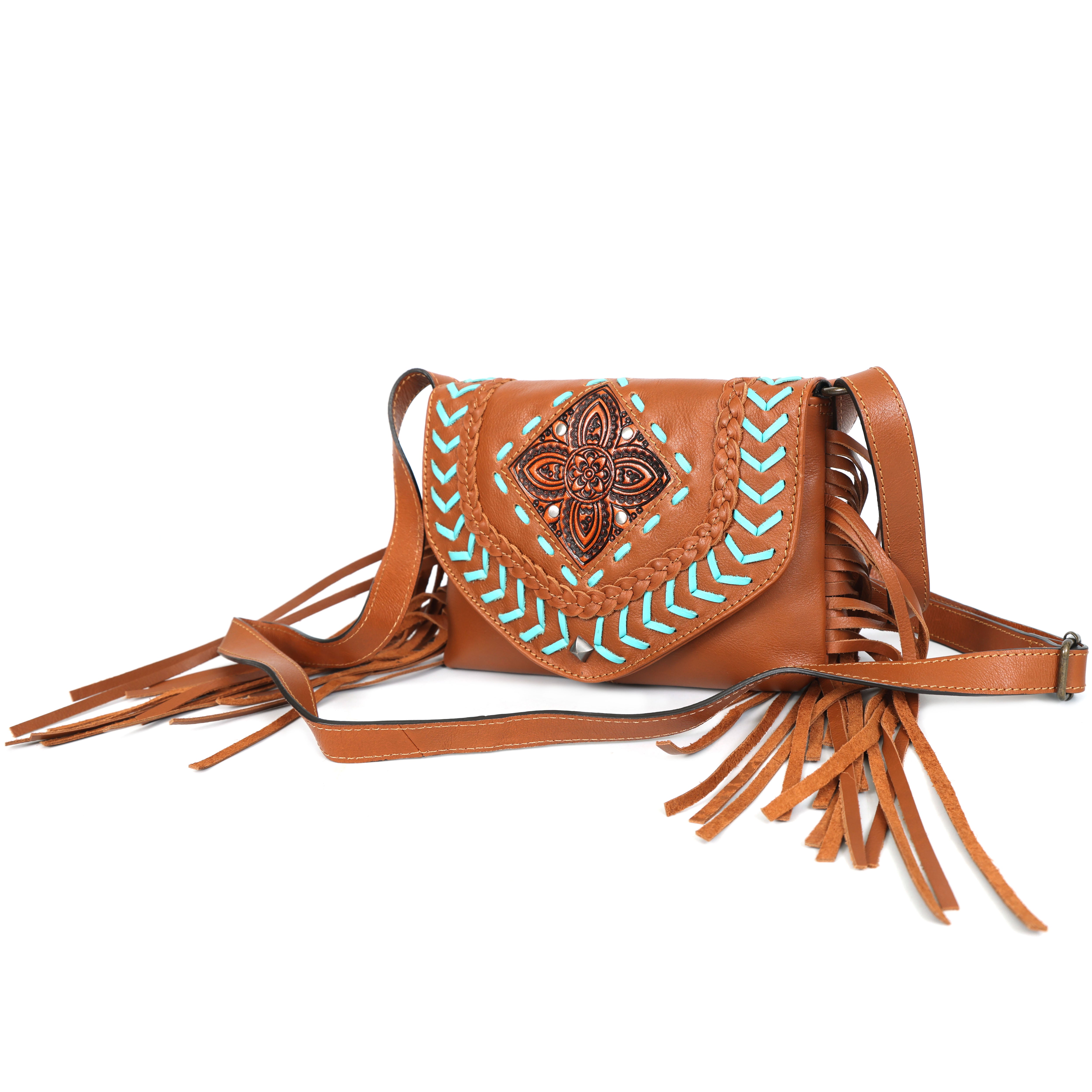 Coachella Sling | Boho Fringe Crossbody with Hand-Tooled Design(EL-GM-48-ON )