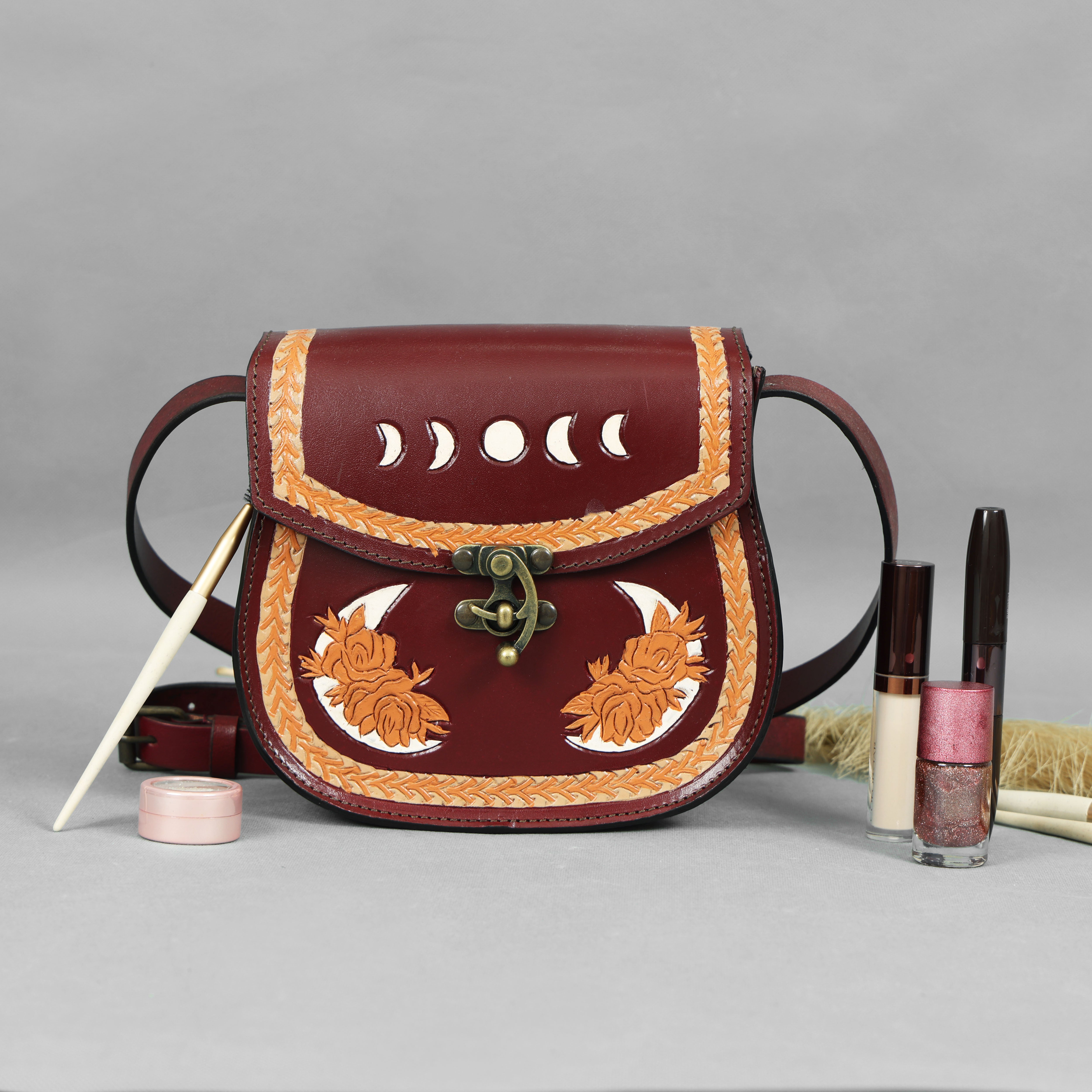 Lunar Bordeaux Handmade Leather Tooling Crossbody Bag – Moon & Floral Design |Artisan Sling Bag(EL-GM-43-ON)