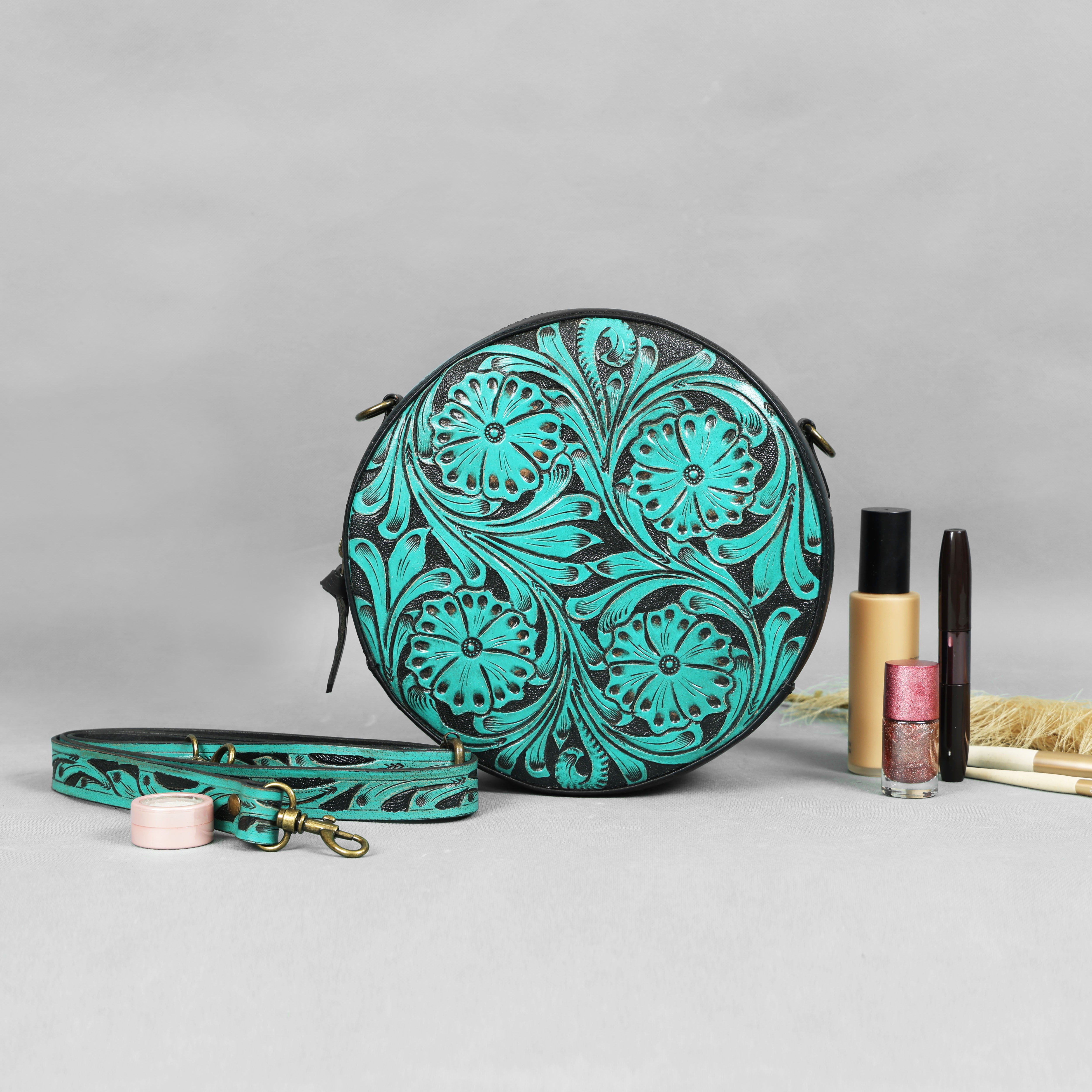 Luxury Round Hand-Tooled Leather Sling Bag – Artisan Floral Design(EL-GM-04-ON)