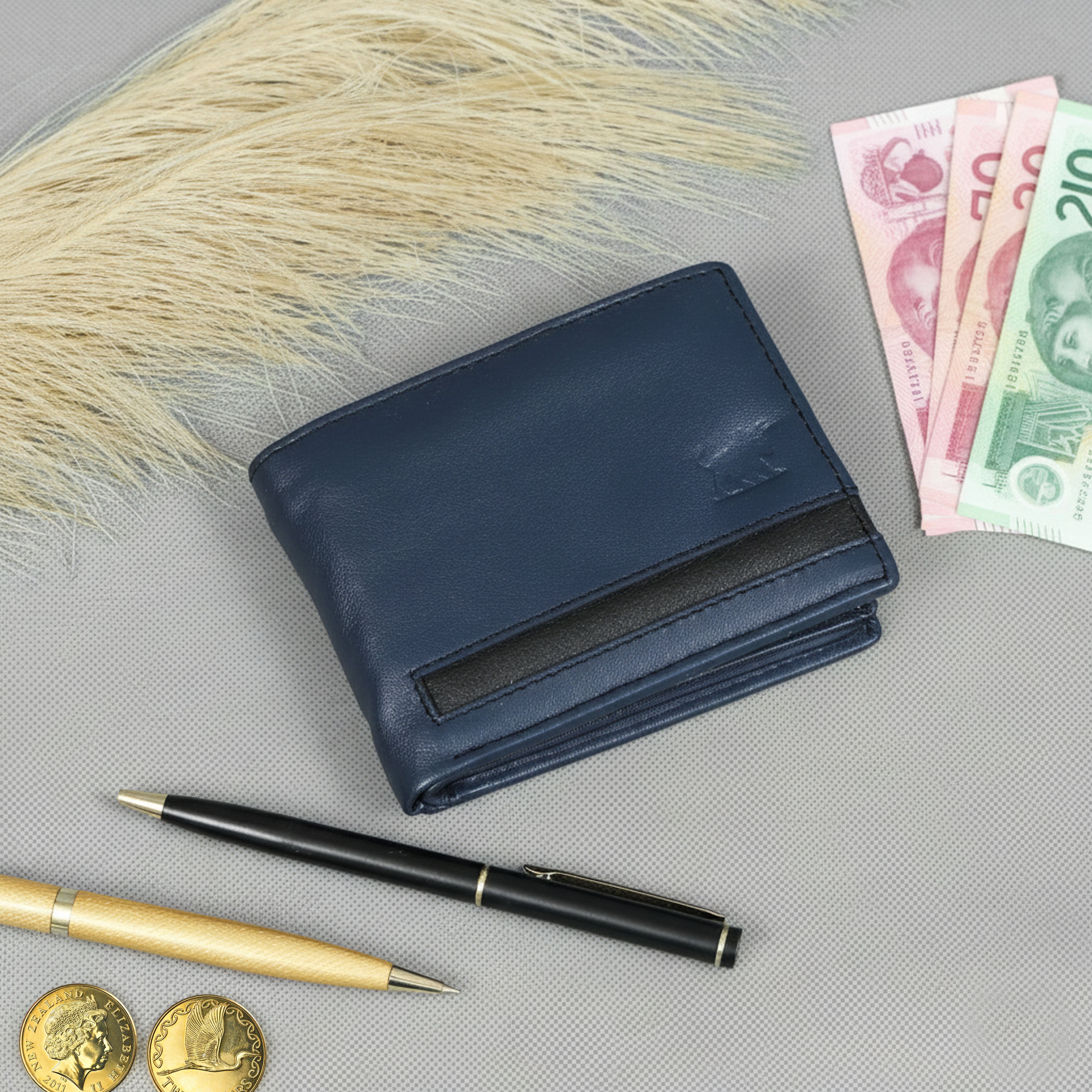 Leather wallet Stripped Blue and Black – RFID Blocking Bifold Card Holder with ID Window | Stylish Black, Navy & Tan Design