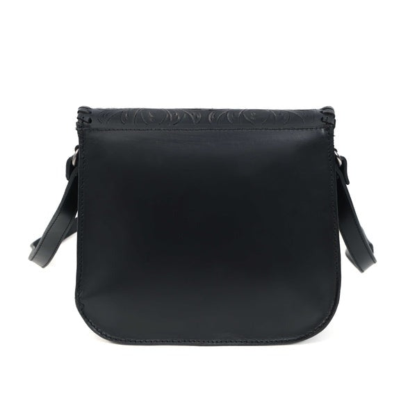 Black leather crossbody bag on a white background