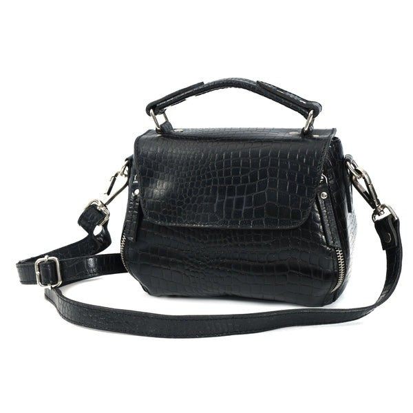 Black crocodile-patterned handbag with a strap on a white background