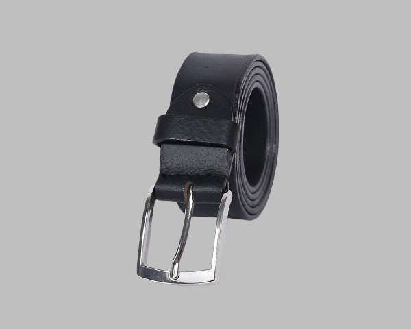 A black leather belt with a metal buckle, isolated on a white background.