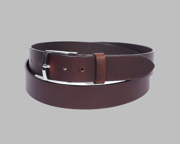 A coiled brown leather belt with a metal buckle, displaying the full-grain texture and solid brown color.