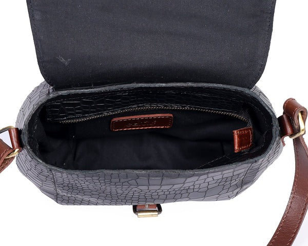 Croco-Textured Sling Bag – Leather Crossbody in Sage Green & Black (Art: BG-1460)