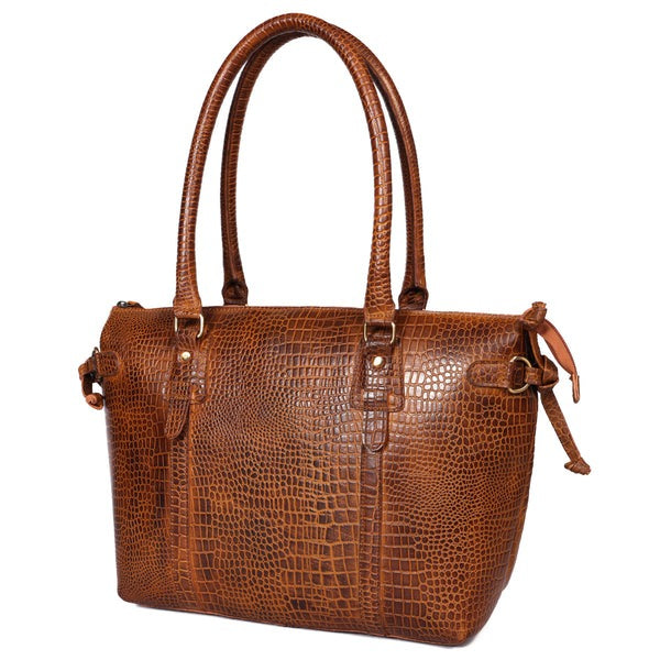 Premium Leather Laptop Tote Bag – Handcrafted Women’s Work & Travel Shoulder Bag | Stylish Brown Croc-Embossed Design