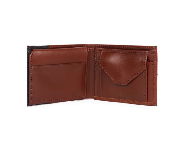 Brown leather wallet open on a white background