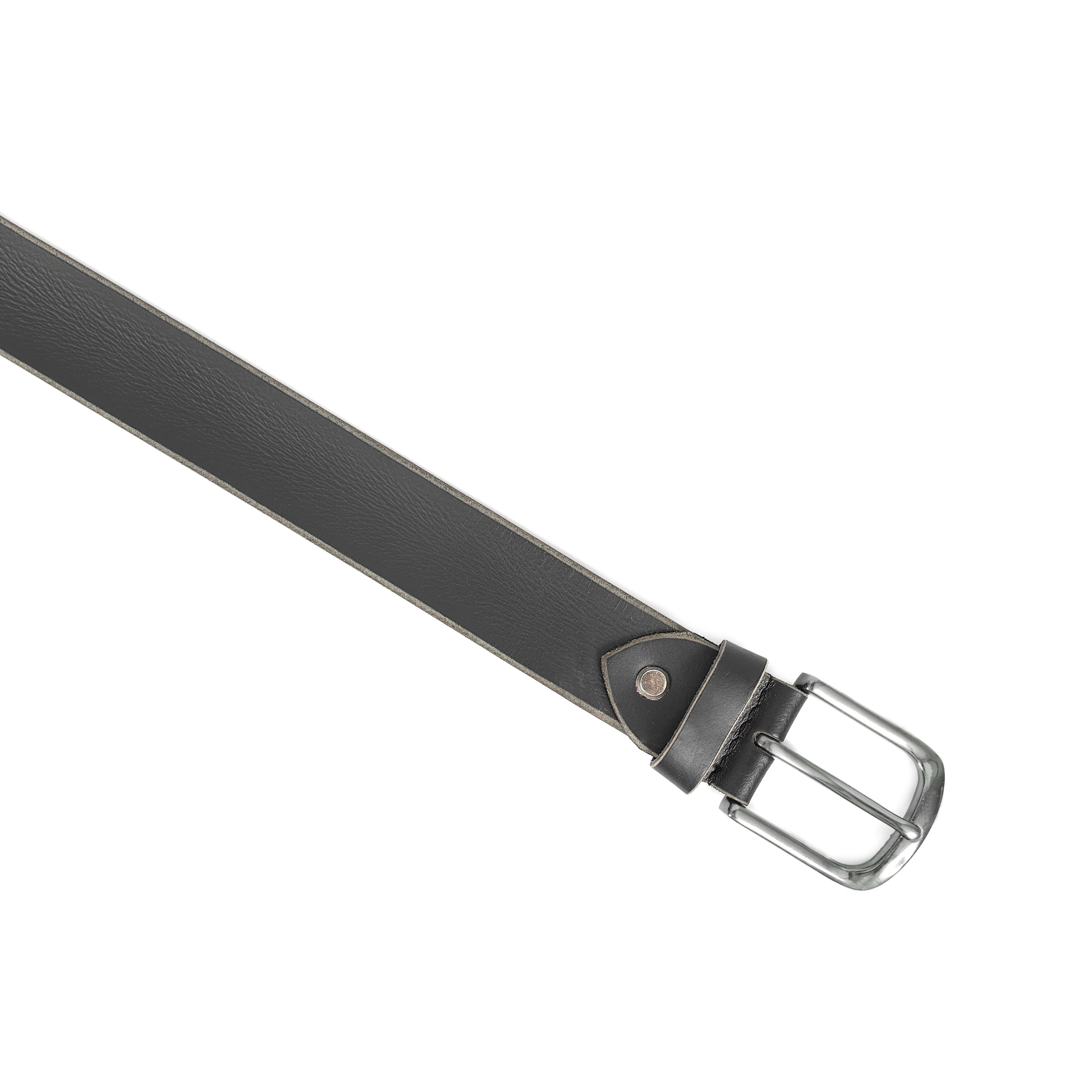 Black leather belt with a silver buckle on a white background