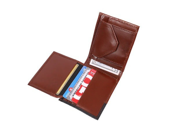 Brown leather wallet with cards on a white background