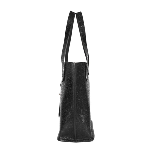 Handcrafted Leather Tote Bag – Black Tooled Carryall for Everyday Use(1404 e)