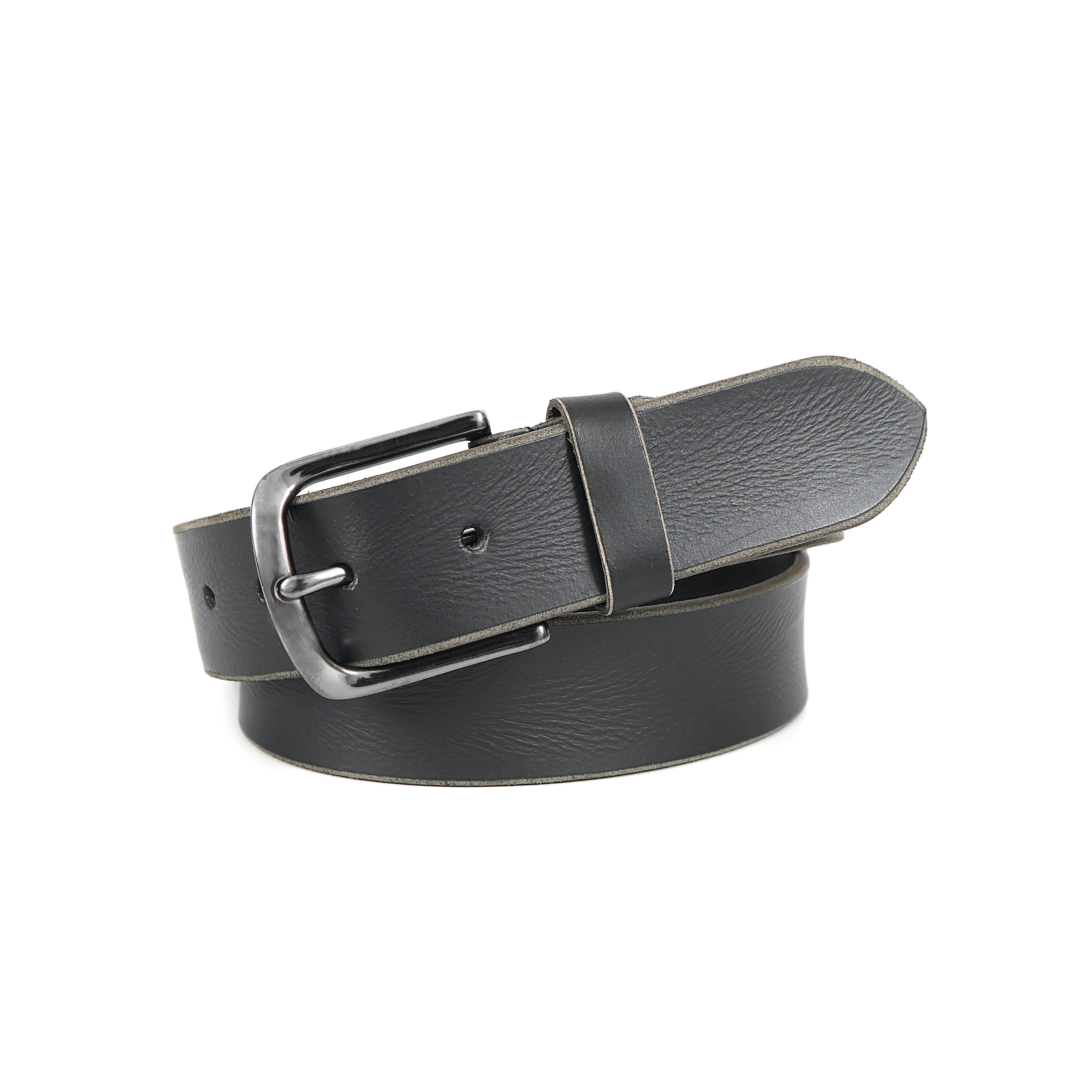 Front view of a handcrafted black full-grain leather belt with a brushed metal buckle, premium stitching, and smooth matte finish, designed for luxury men’s fashion in New Zealand, Australia, and the South Pacific islands.