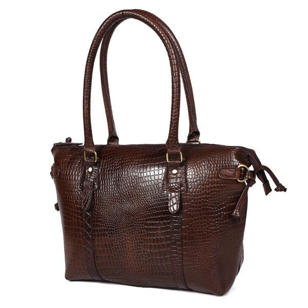 Premium Leather Laptop Tote Bag – Handcrafted Women’s Work & Travel Shoulder Bag | Stylish Brown Croc-Embossed Design