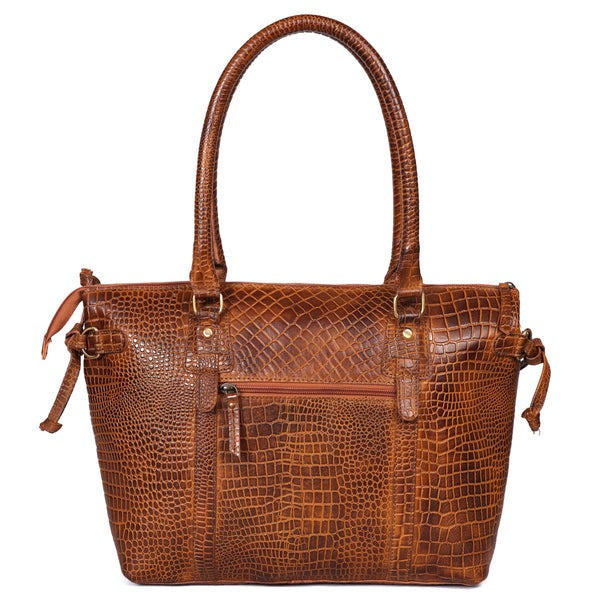 Premium Leather Laptop Tote Bag – Handcrafted Women’s Work & Travel Shoulder Bag | Stylish Brown Croc-Embossed Design